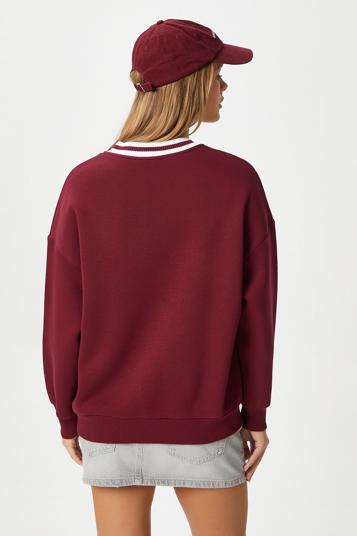 Kadın Nakışlı Los Angeles İçi Polarlı Bordo Oversize Sweatshirt