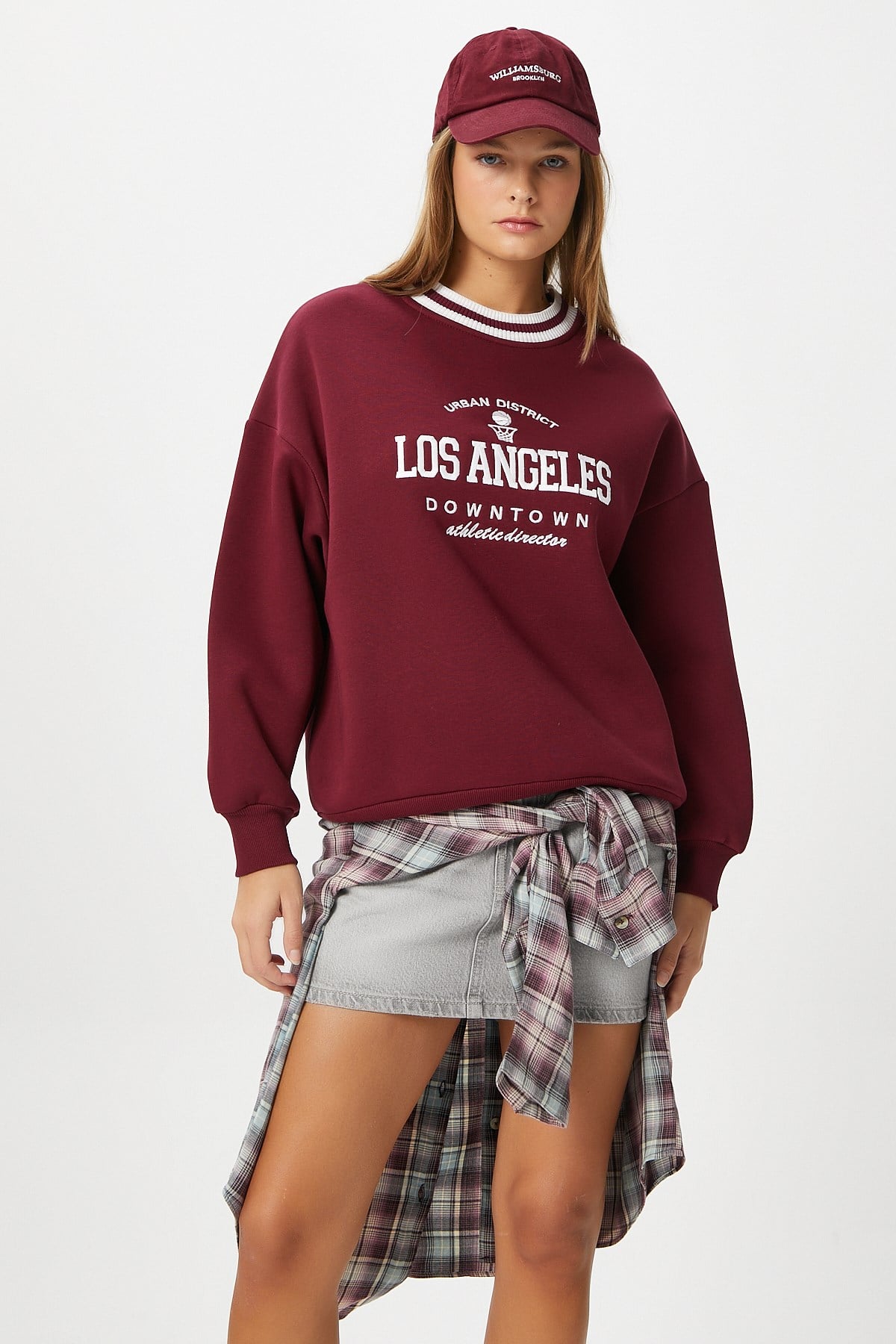 Kadın Nakışlı Los Angeles İçi Polarlı Bordo Oversize Sweatshirt
