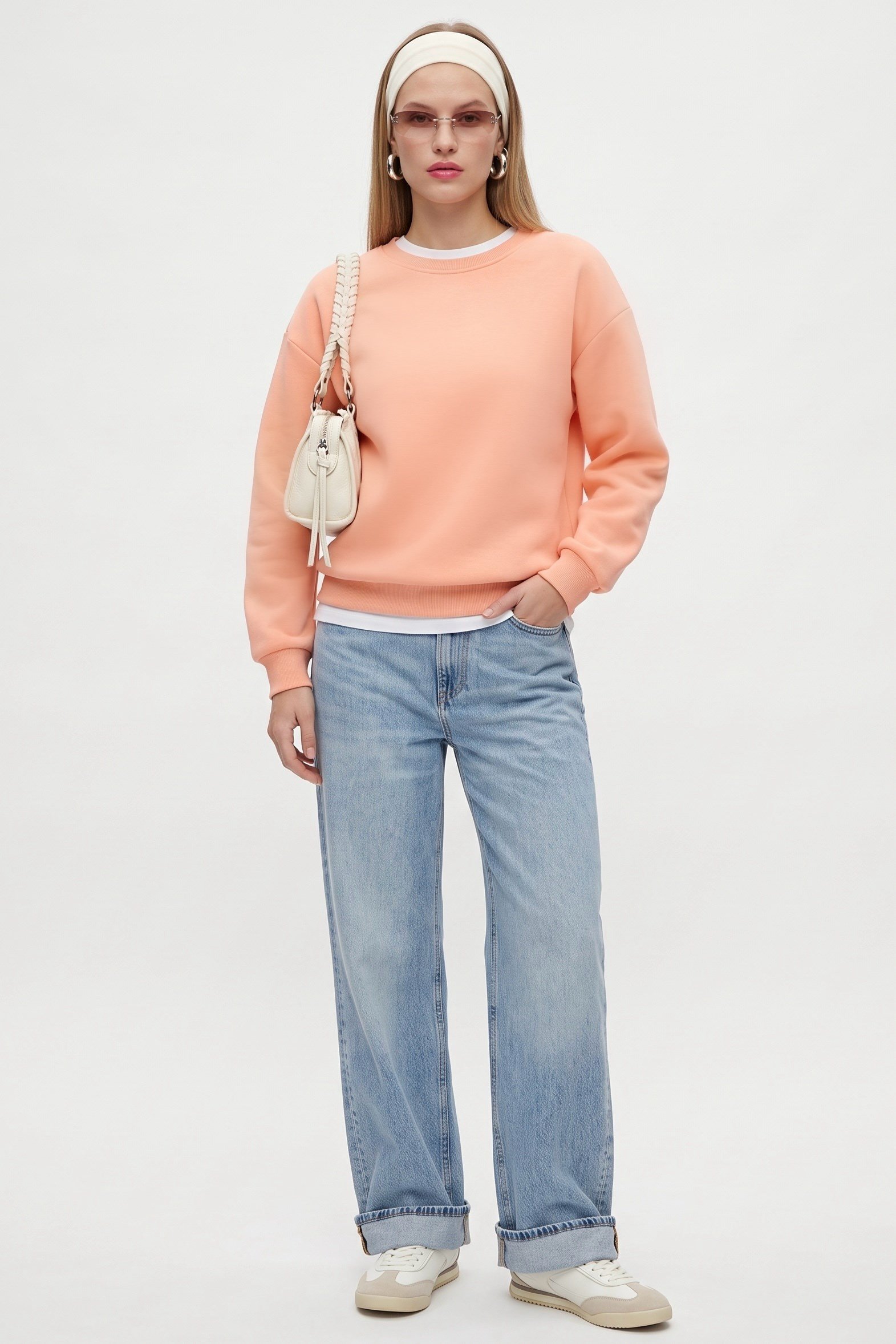 Kadın New Cozy Polarlı Basic Bisiklet Yaka Pamuklu Örme Somon Sweatshirt