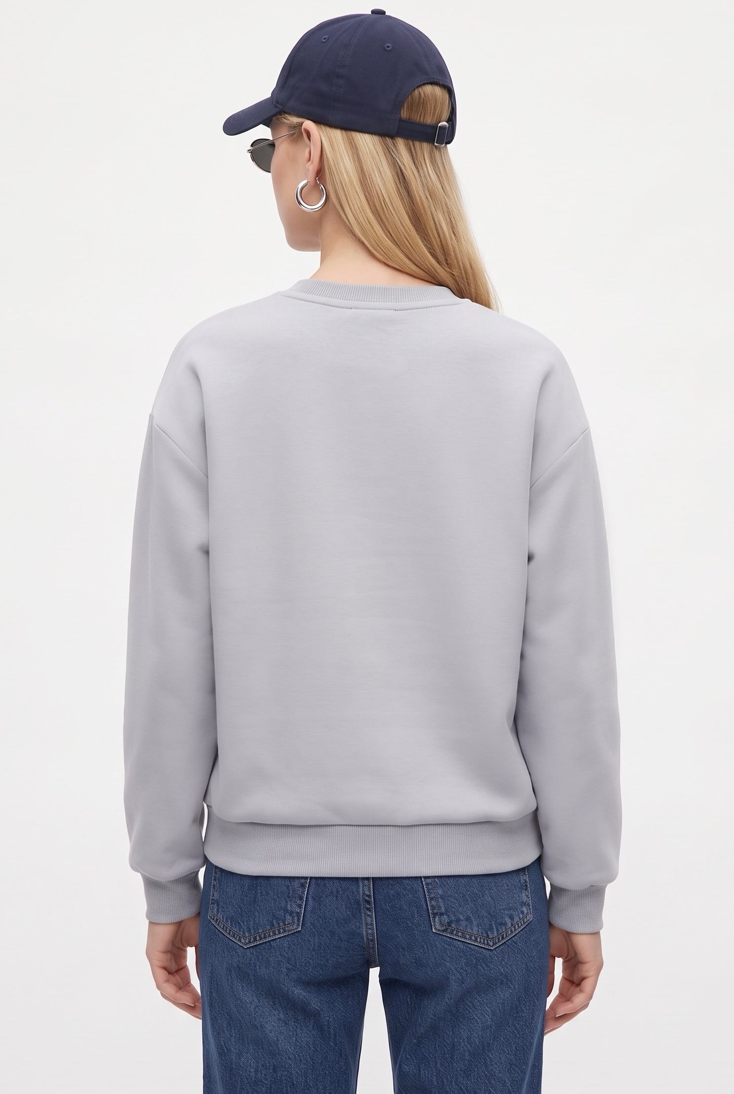 Kadın New Cozy Polarlı Basic Bisiklet Yaka Pamuklu Örme Gri Sweatshirt