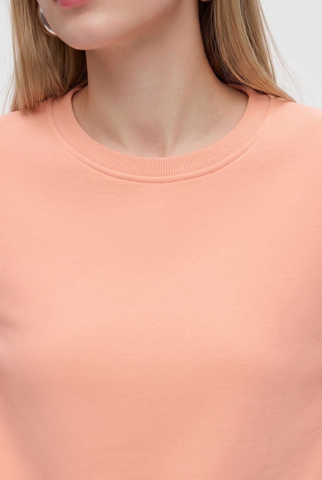 Kadın New Cozy Polarlı Basic Bisiklet Yaka Pamuklu Örme Somon Sweatshirt