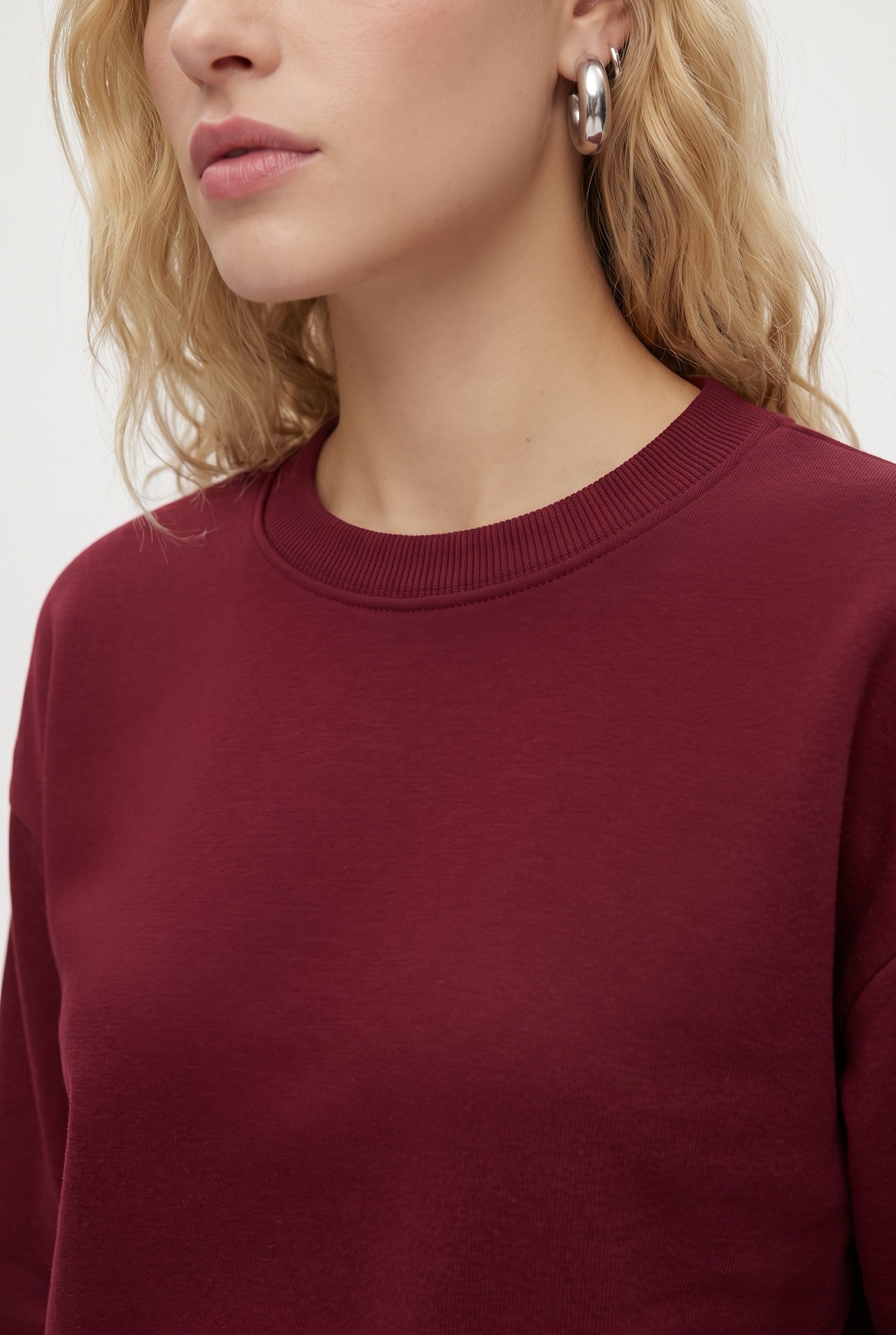 Kadın New Cozy Polarlı Basic Bisiklet Yaka Pamuklu Örme Bordo Sweatshirt