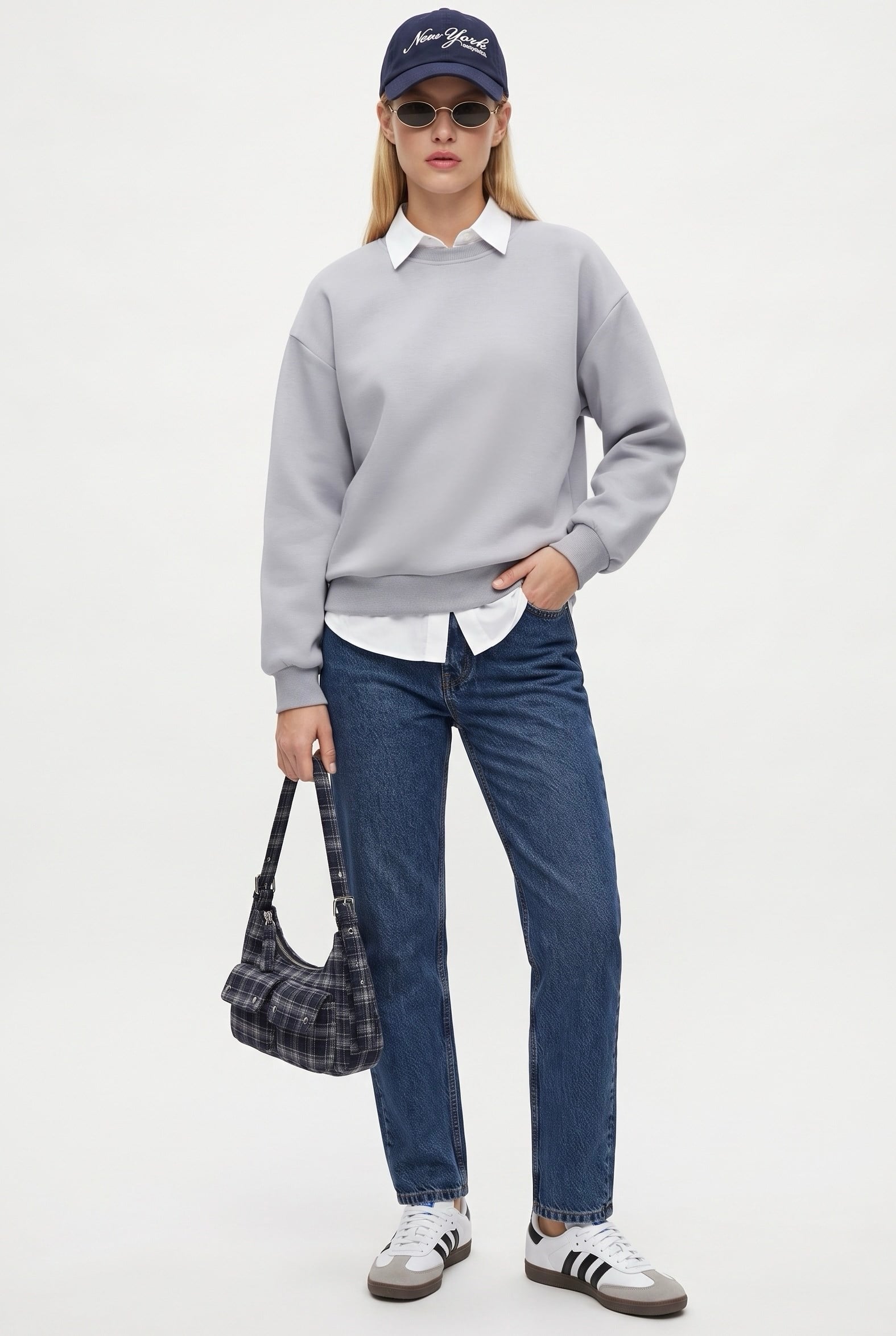 Kadın New Cozy Polarlı Basic Bisiklet Yaka Pamuklu Örme Gri Sweatshirt