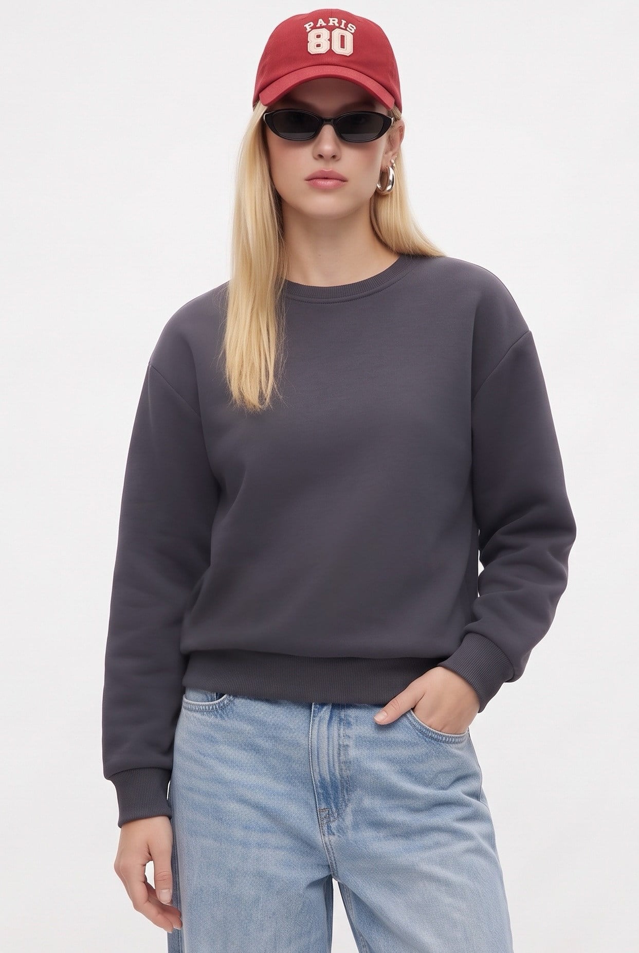 Kadın New Cozy Polarlı Basic Bisiklet Yaka Pamuklu Örme Antrasit Sweatshirt