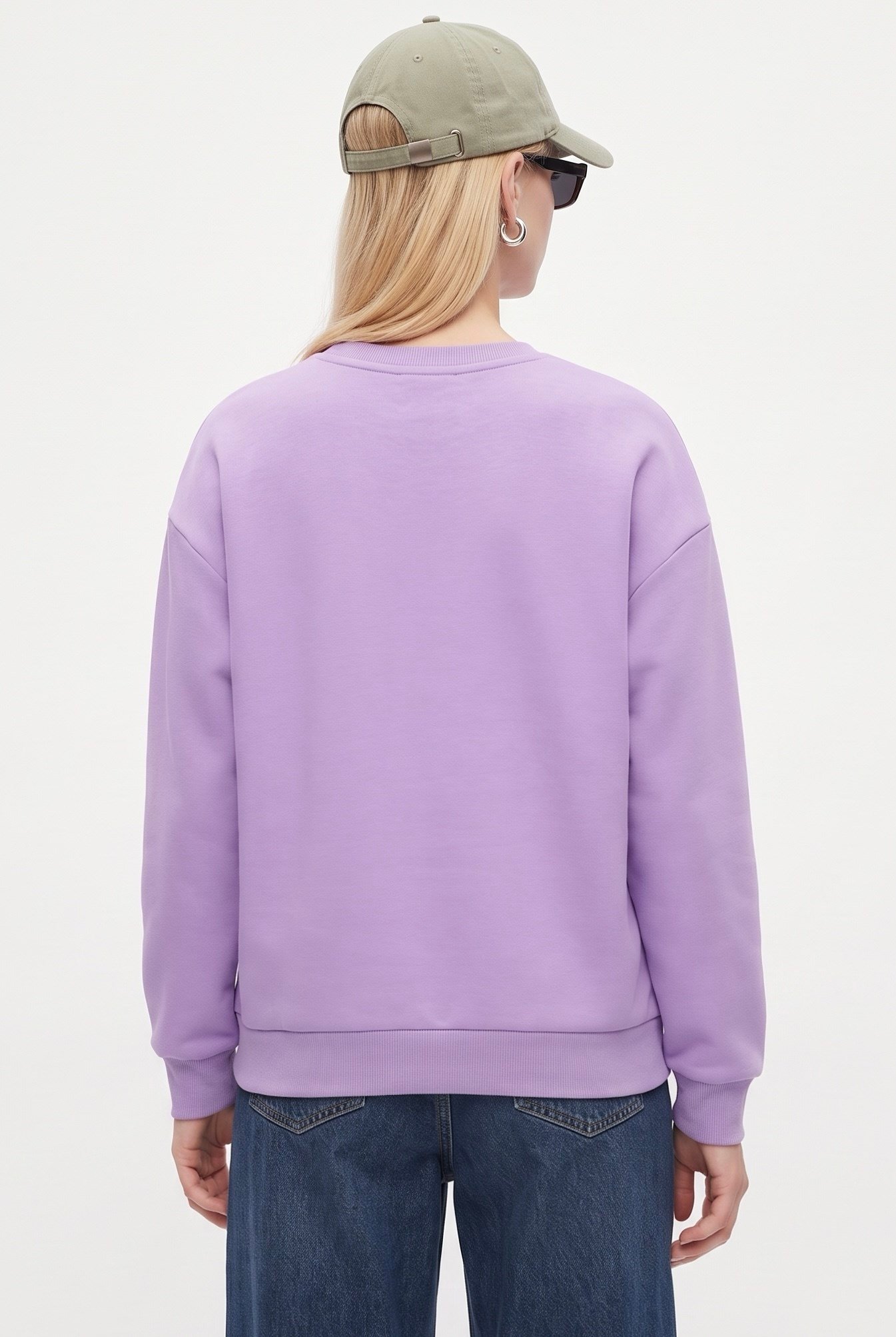 Kadın New Cozy Polarlı Basic Bisiklet Yaka Pamuklu Örme Mor Sweatshirt