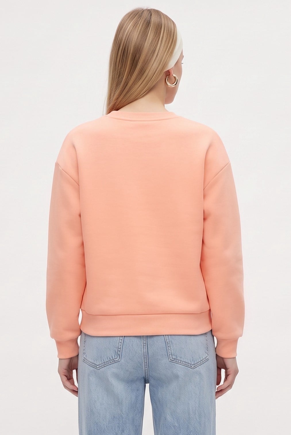 Kadın New Cozy Polarlı Basic Bisiklet Yaka Pamuklu Örme Somon Sweatshirt