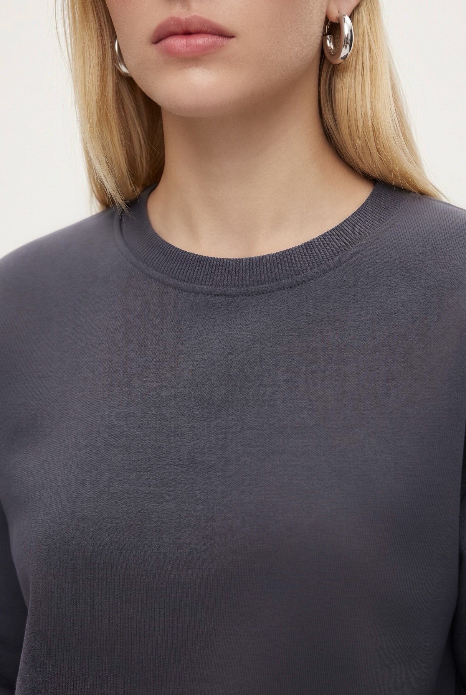 Kadın New Cozy Polarlı Basic Bisiklet Yaka Pamuklu Örme Antrasit Sweatshirt