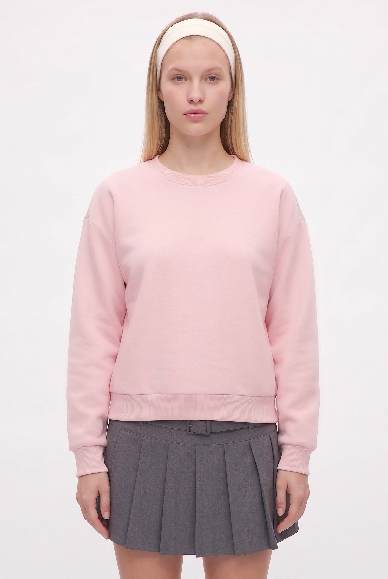 Kadın New Cozy Polarlı Basic Bisiklet Yaka Pamuklu Örme Pembe Sweatshirt