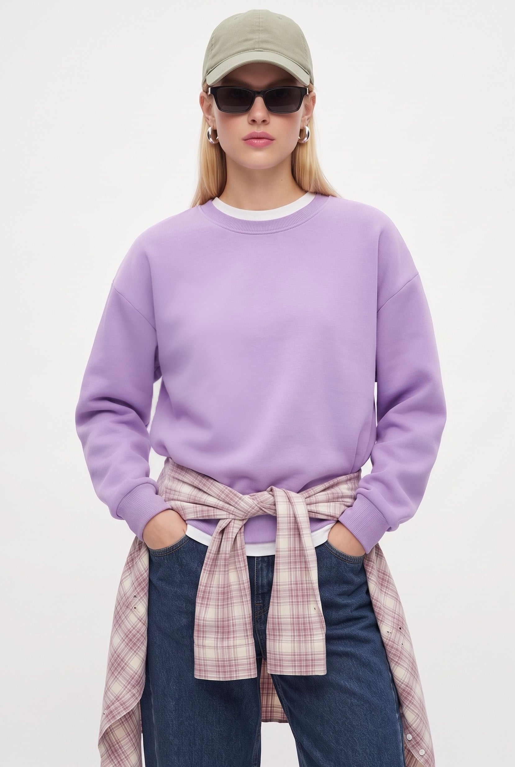 Kadın New Cozy Polarlı Basic Bisiklet Yaka Pamuklu Örme Mor Sweatshirt