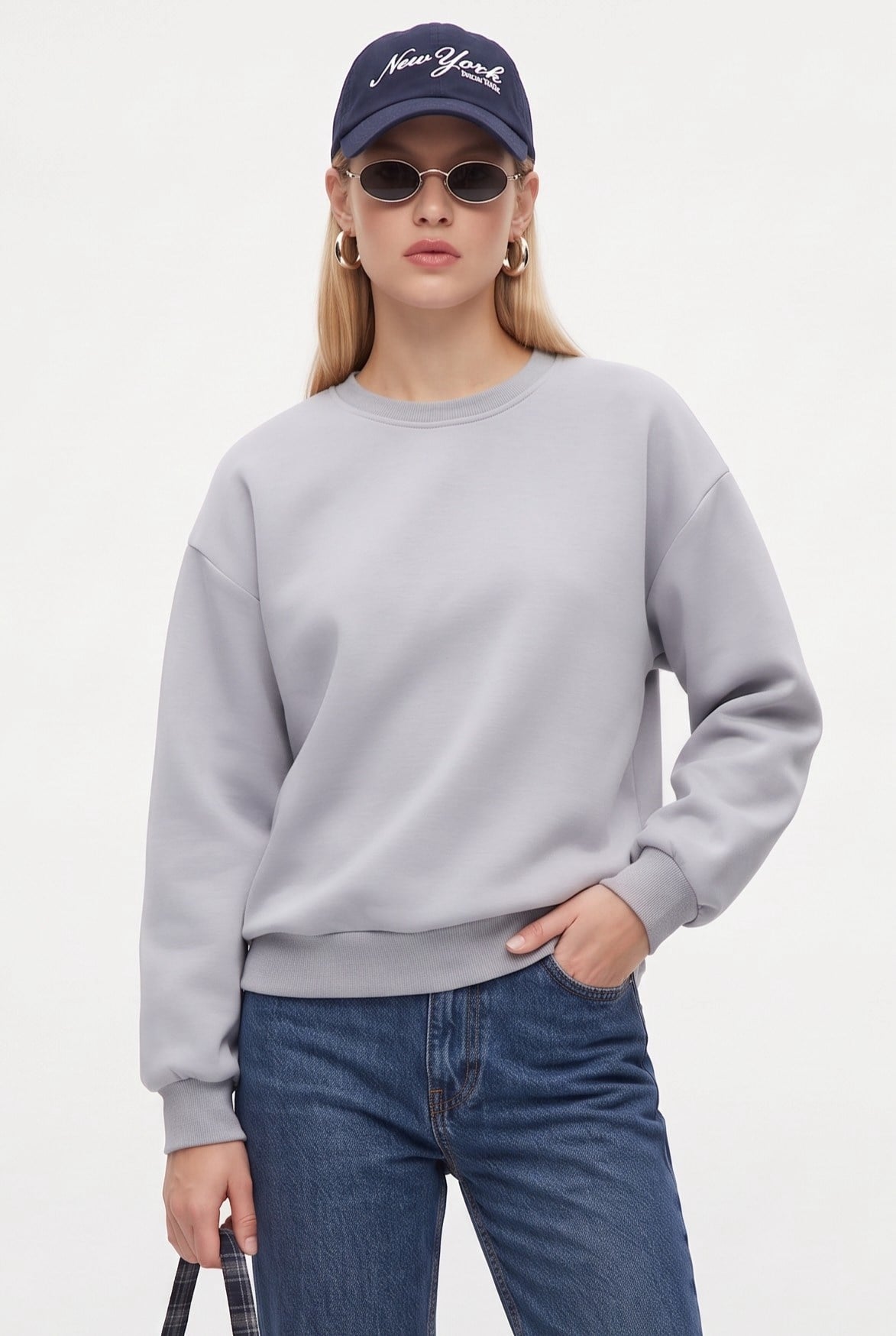 Kadın New Cozy Polarlı Basic Bisiklet Yaka Pamuklu Örme Gri Sweatshirt