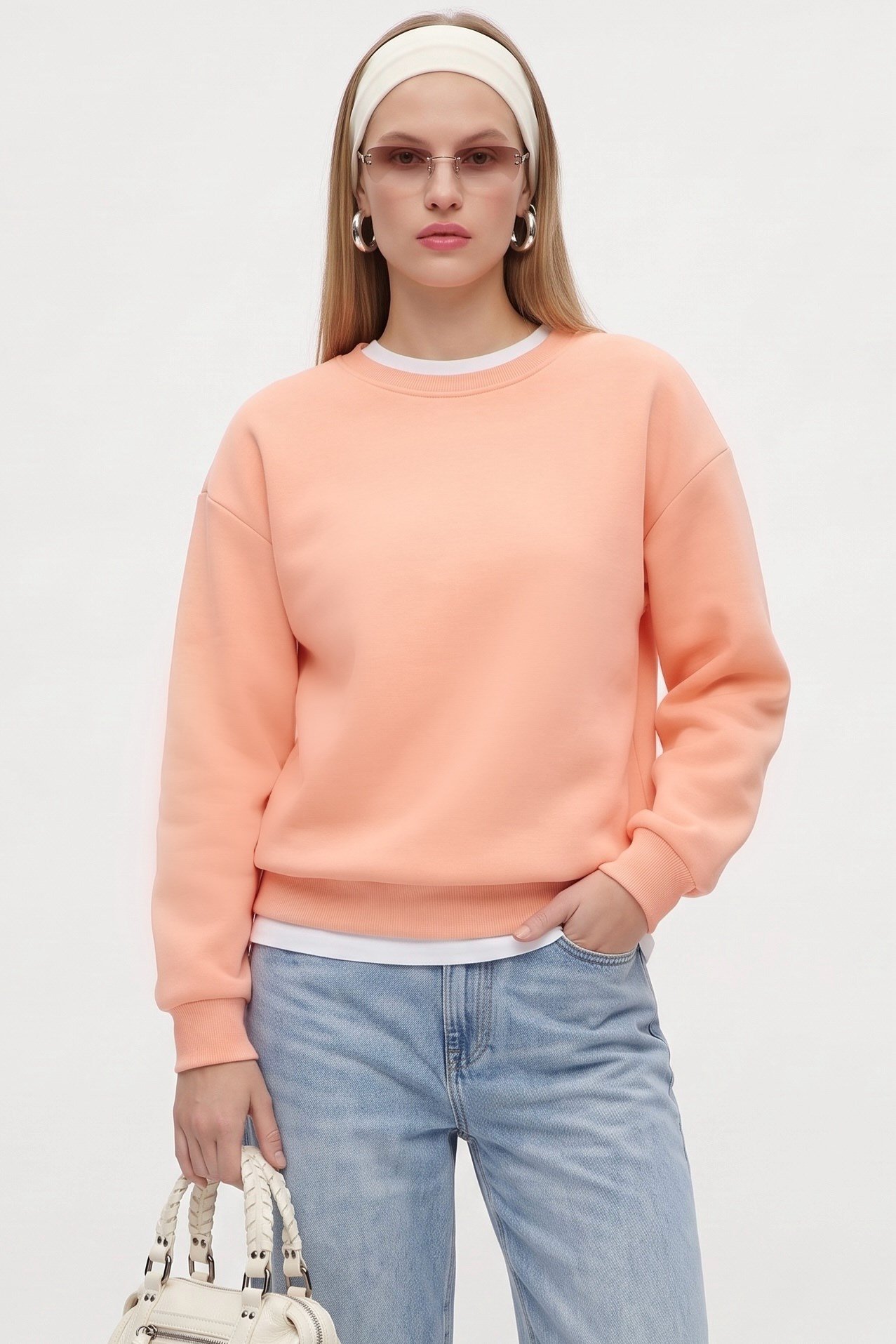 Kadın New Cozy Polarlı Basic Bisiklet Yaka Pamuklu Örme Somon Sweatshirt