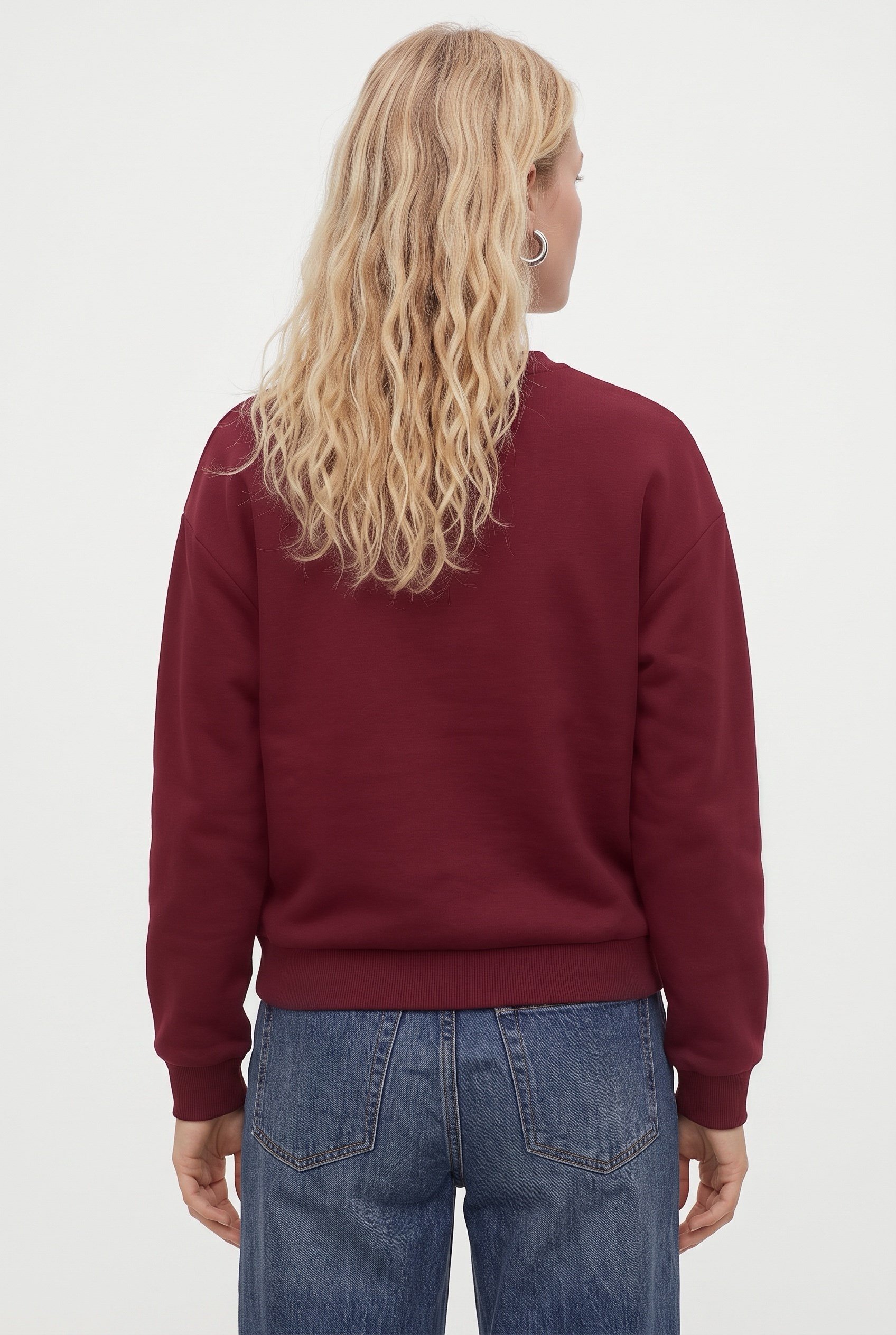 Kadın New Cozy Polarlı Basic Bisiklet Yaka Pamuklu Örme Bordo Sweatshirt