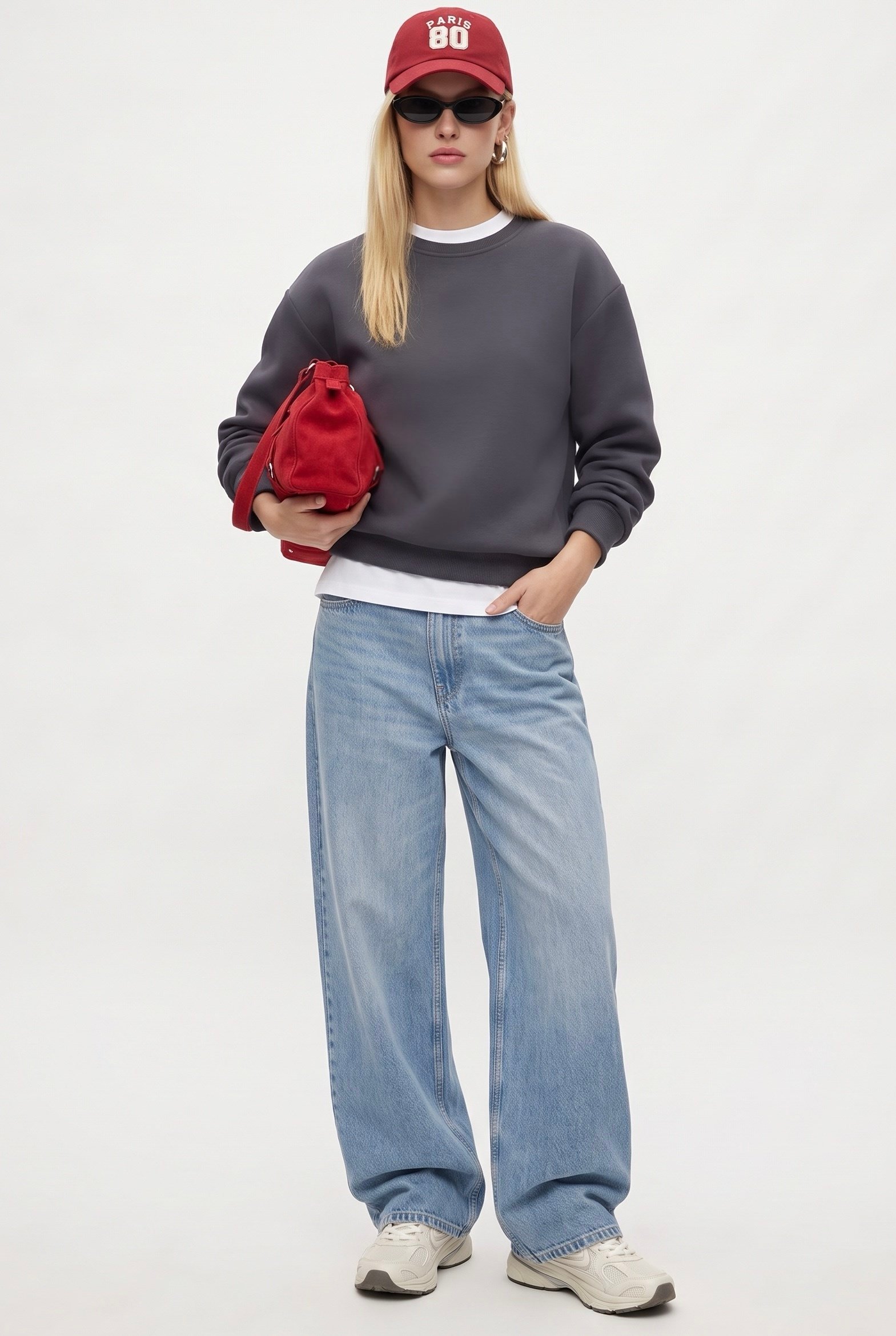 Kadın New Cozy Polarlı Basic Bisiklet Yaka Pamuklu Örme Antrasit Sweatshirt