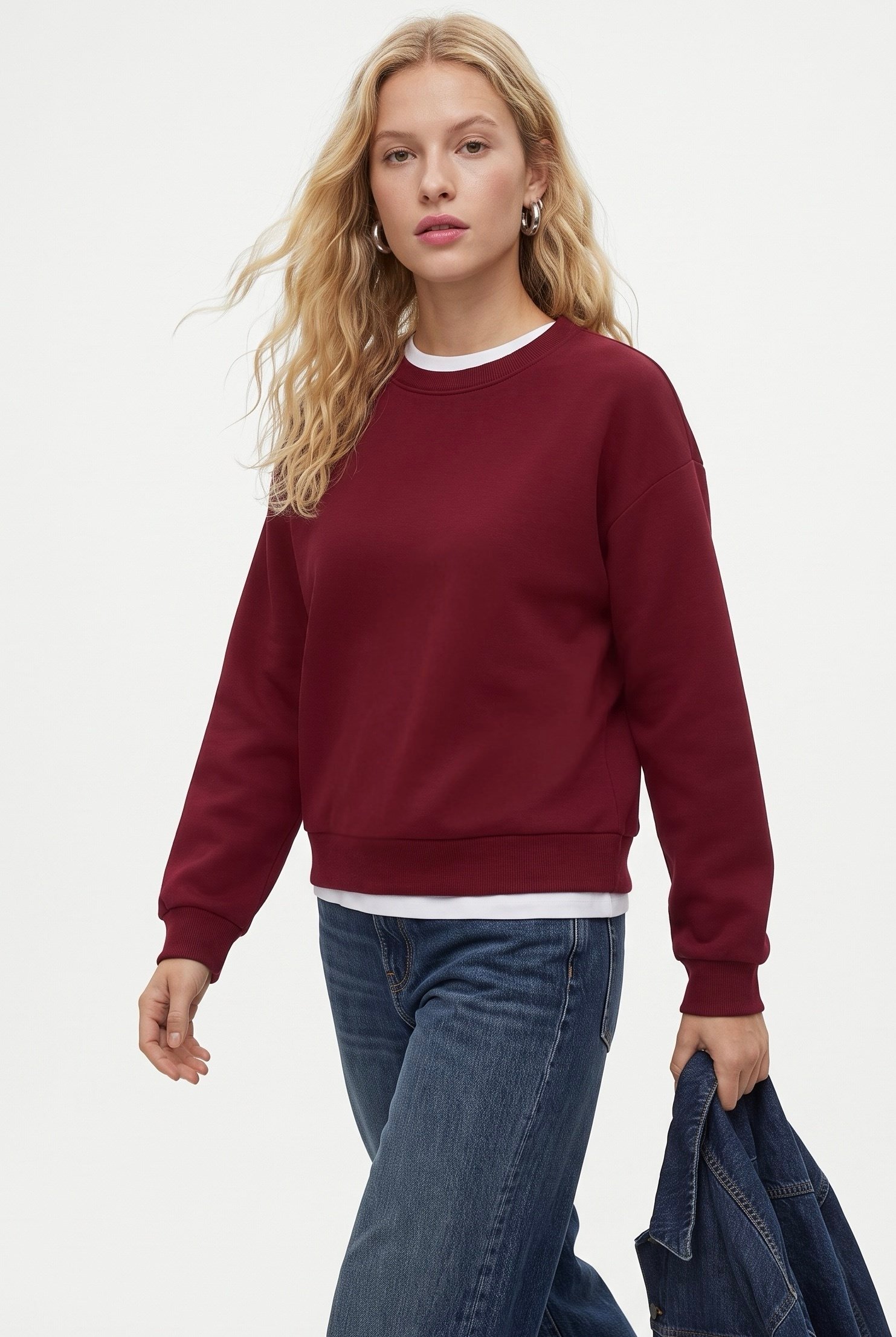 Kadın New Cozy Polarlı Basic Bisiklet Yaka Pamuklu Örme Bordo Sweatshirt
