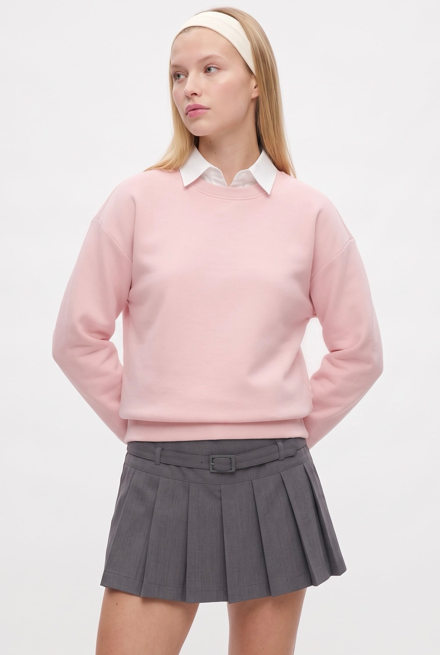 Kadın New Cozy Polarlı Basic Bisiklet Yaka Pamuklu Örme Pembe Sweatshirt