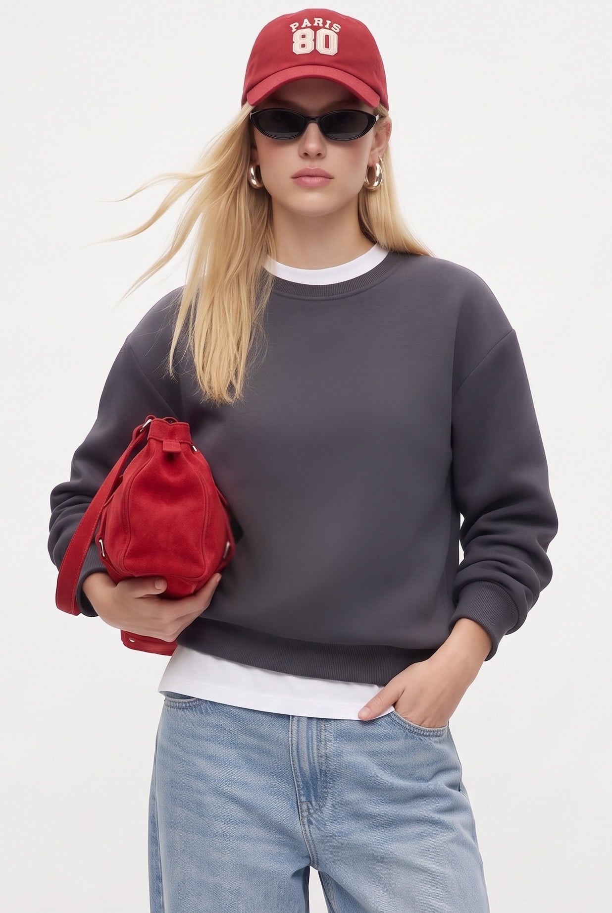 Kadın New Cozy Polarlı Basic Bisiklet Yaka Pamuklu Örme Antrasit Sweatshirt