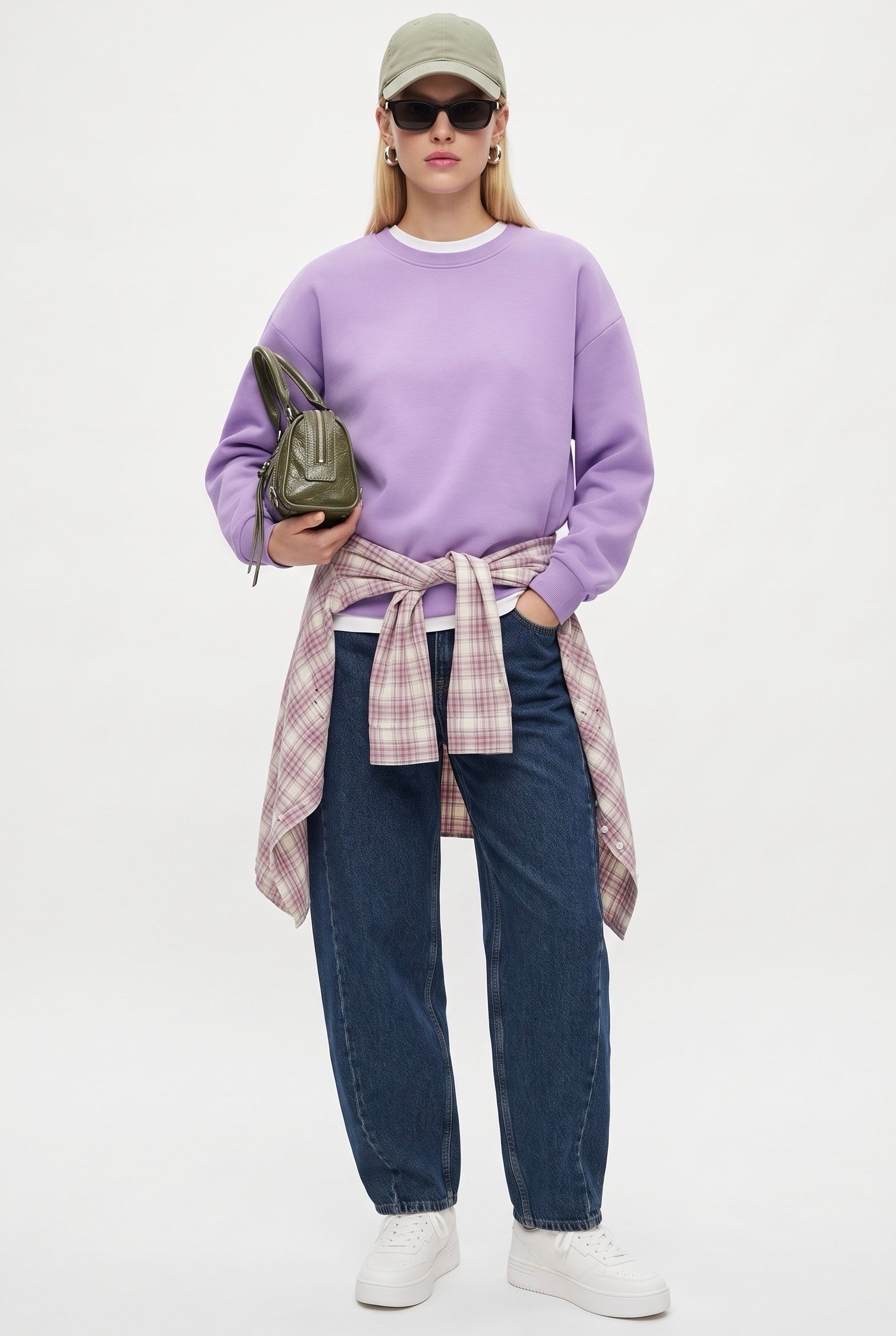 Kadın New Cozy Polarlı Basic Bisiklet Yaka Pamuklu Örme Mor Sweatshirt
