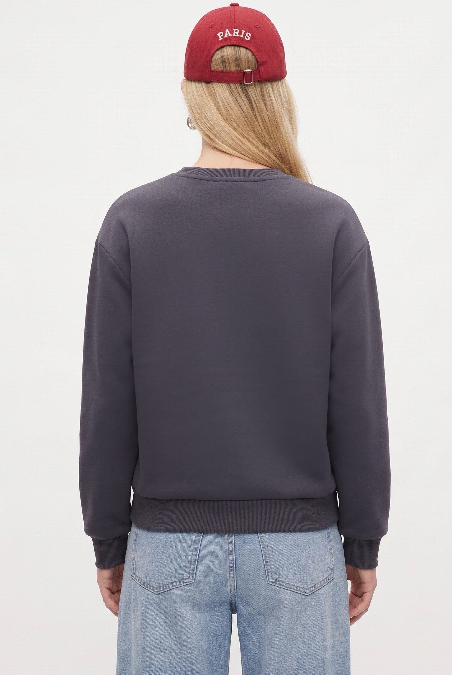 Kadın New Cozy Polarlı Basic Bisiklet Yaka Pamuklu Örme Antrasit Sweatshirt