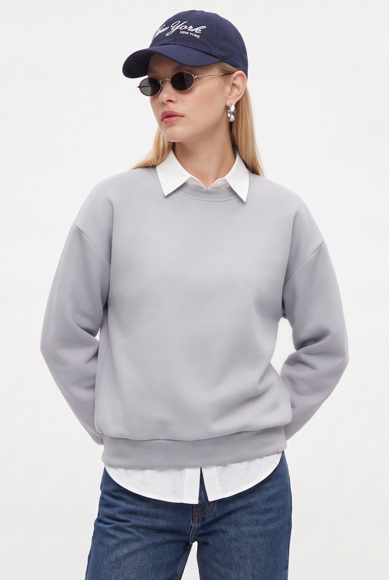 Kadın New Cozy Polarlı Basic Bisiklet Yaka Pamuklu Örme Gri Sweatshirt