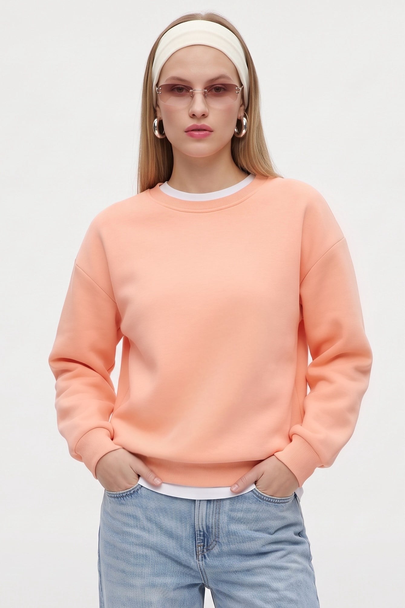 Kadın New Cozy Polarlı Basic Bisiklet Yaka Pamuklu Örme Somon Sweatshirt