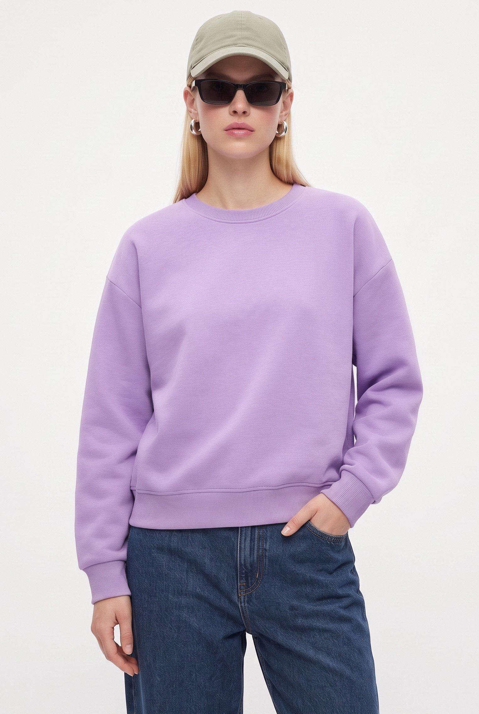 Kadın New Cozy Polarlı Basic Bisiklet Yaka Pamuklu Örme Mor Sweatshirt