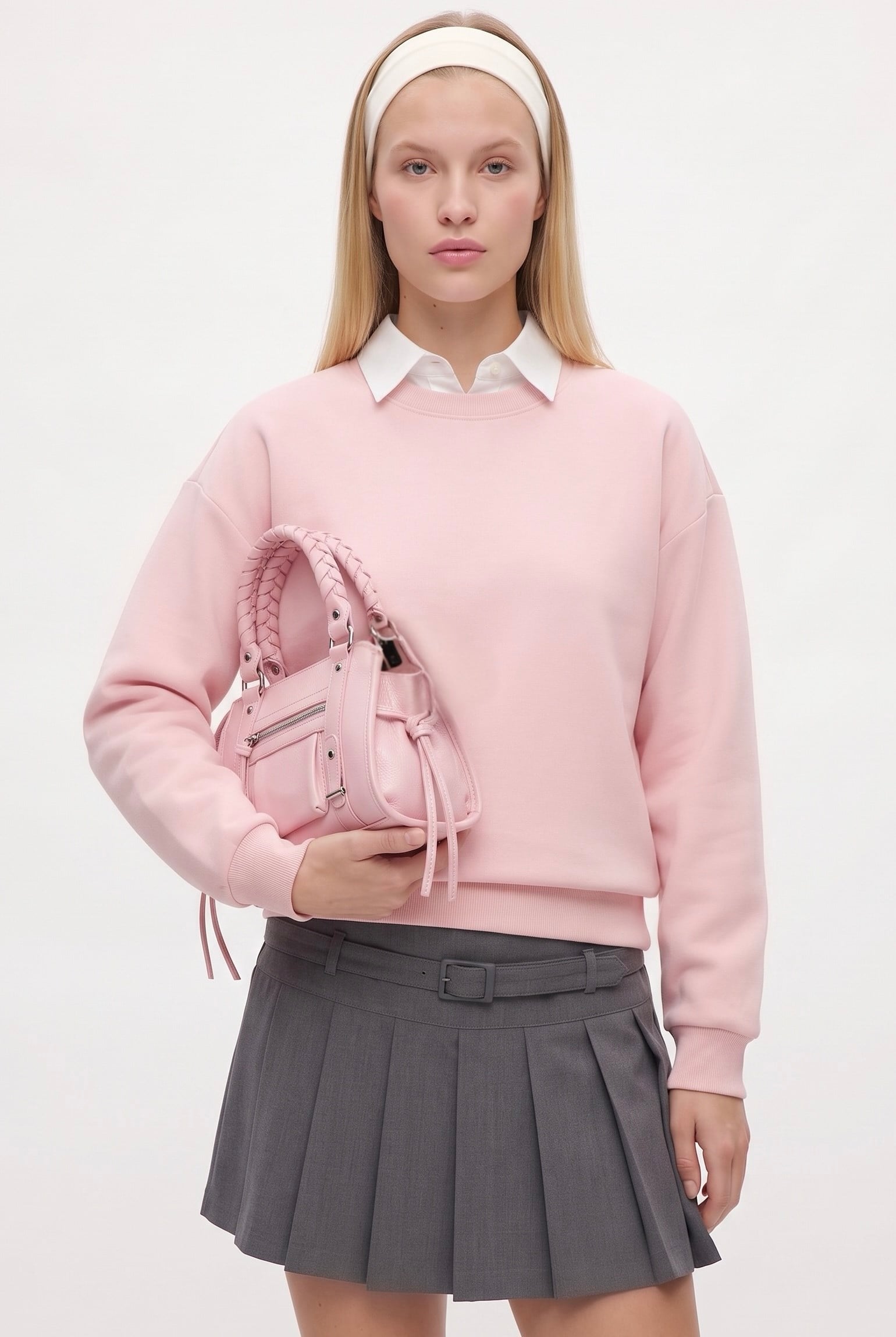 Kadın New Cozy Polarlı Basic Bisiklet Yaka Pamuklu Örme Pembe Sweatshirt