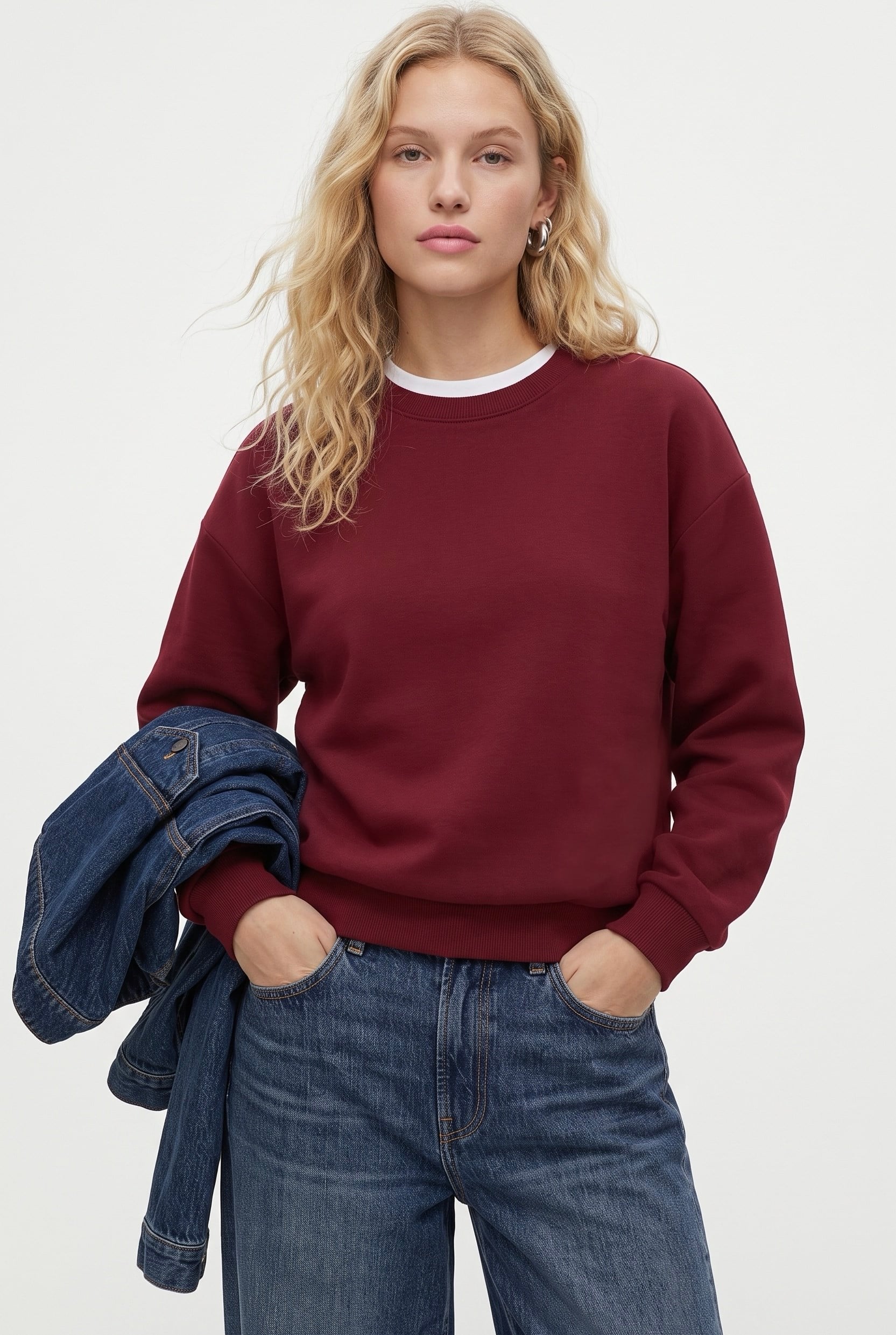 Kadın New Cozy Polarlı Basic Bisiklet Yaka Pamuklu Örme Bordo Sweatshirt
