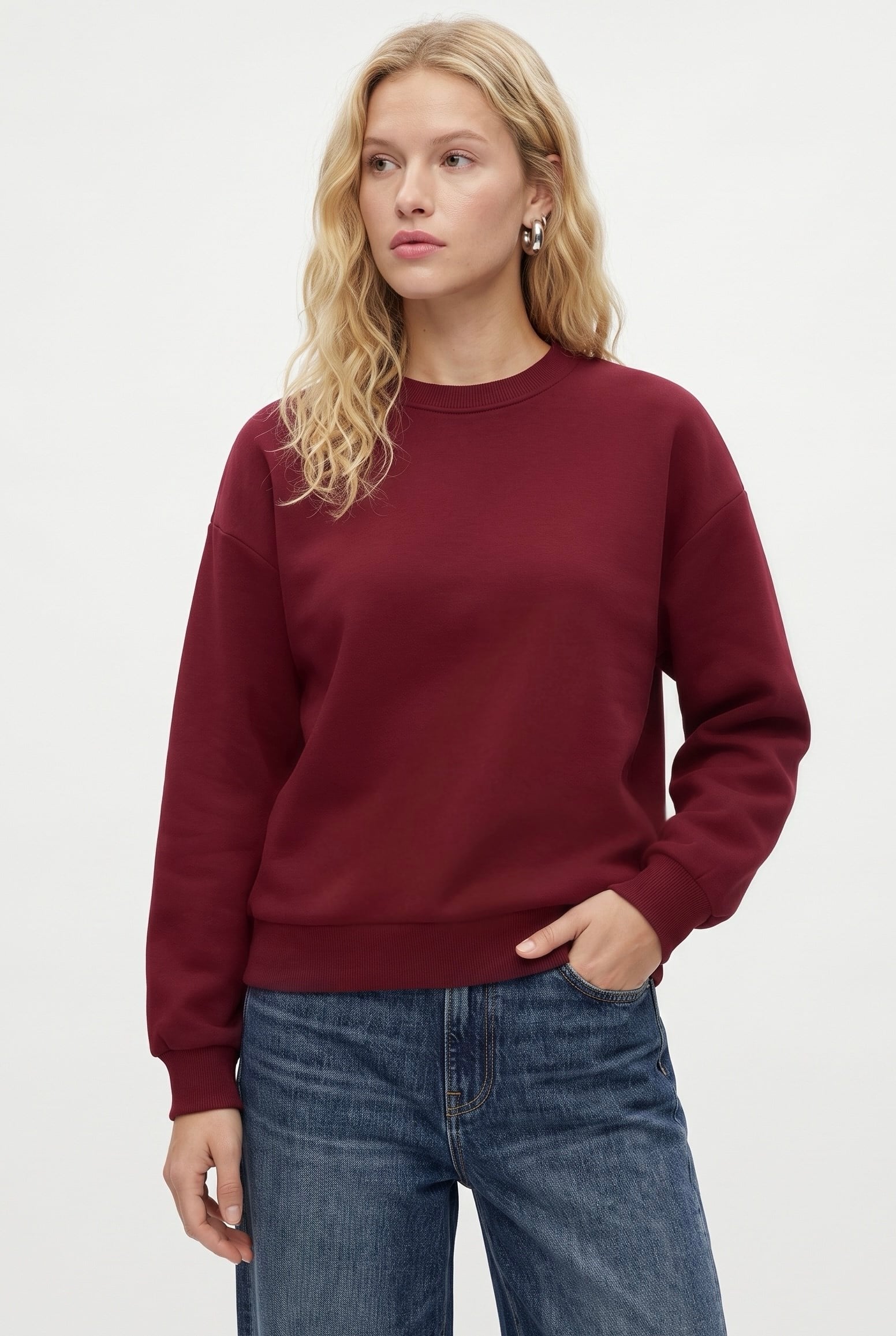 Kadın New Cozy Polarlı Basic Bisiklet Yaka Pamuklu Örme Bordo Sweatshirt