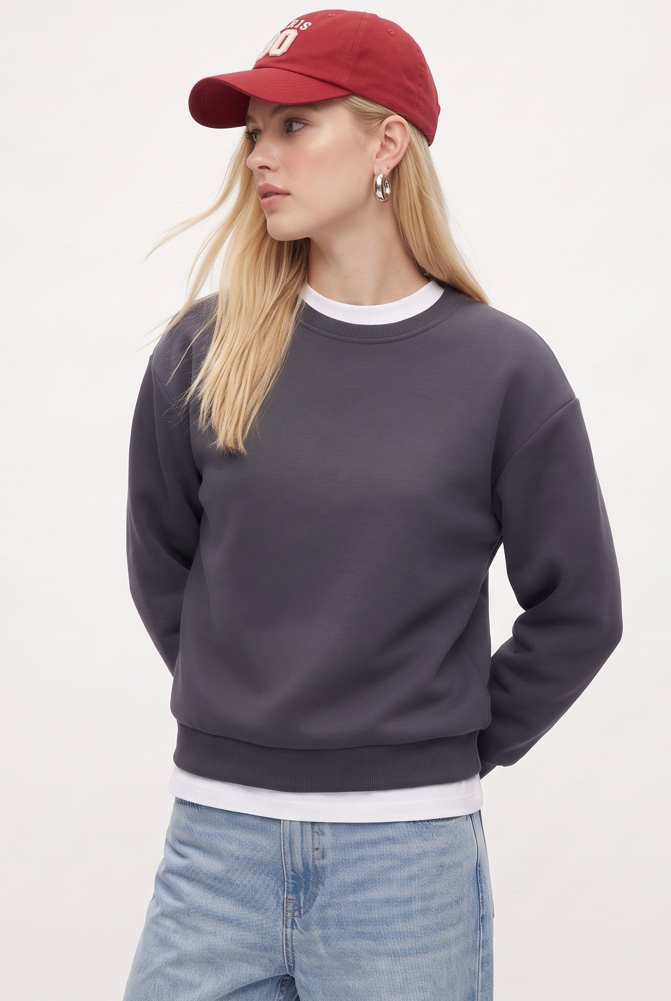 Kadın New Cozy Polarlı Basic Bisiklet Yaka Pamuklu Örme Antrasit Sweatshirt
