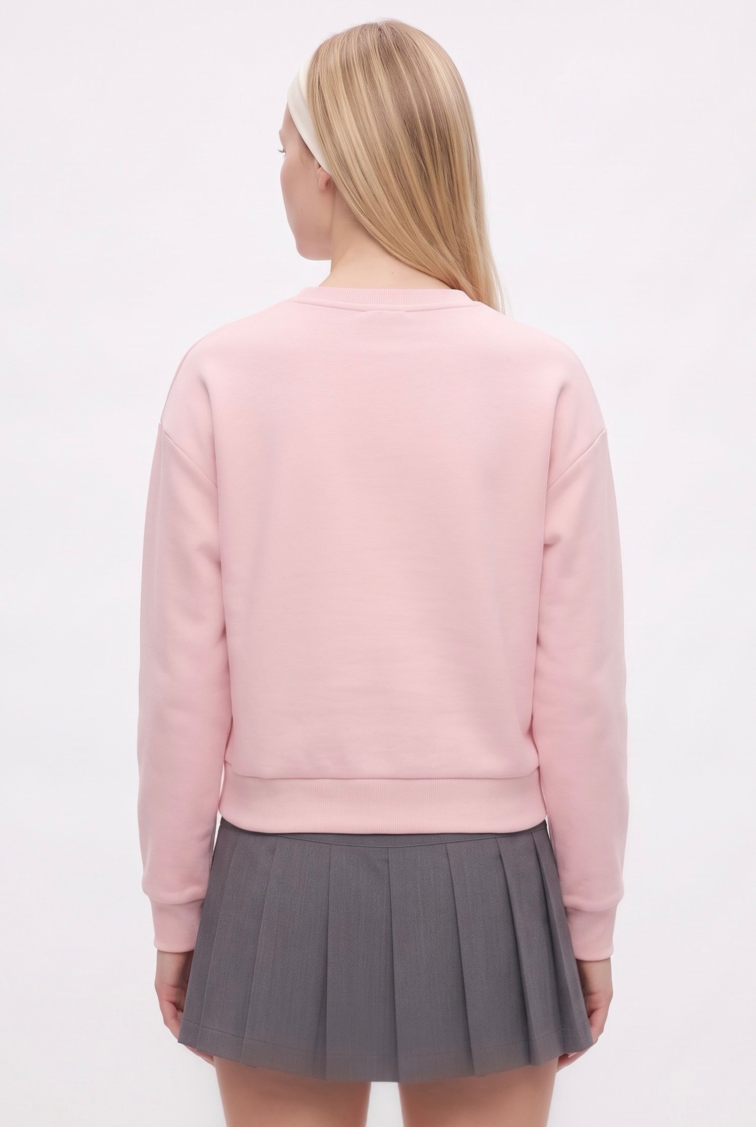 Kadın New Cozy Polarlı Basic Bisiklet Yaka Pamuklu Örme Pembe Sweatshirt
