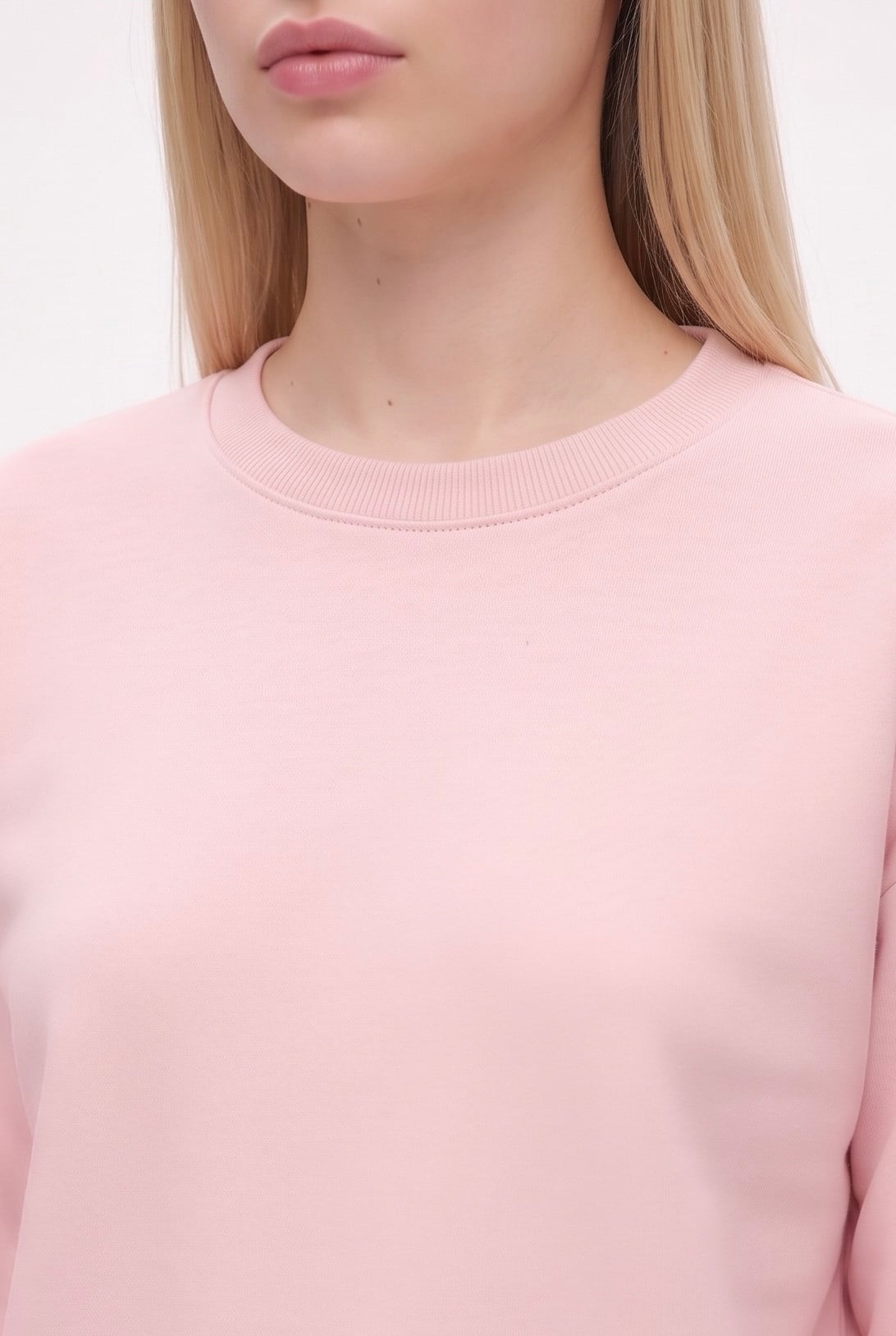 Kadın New Cozy Polarlı Basic Bisiklet Yaka Pamuklu Örme Pembe Sweatshirt
