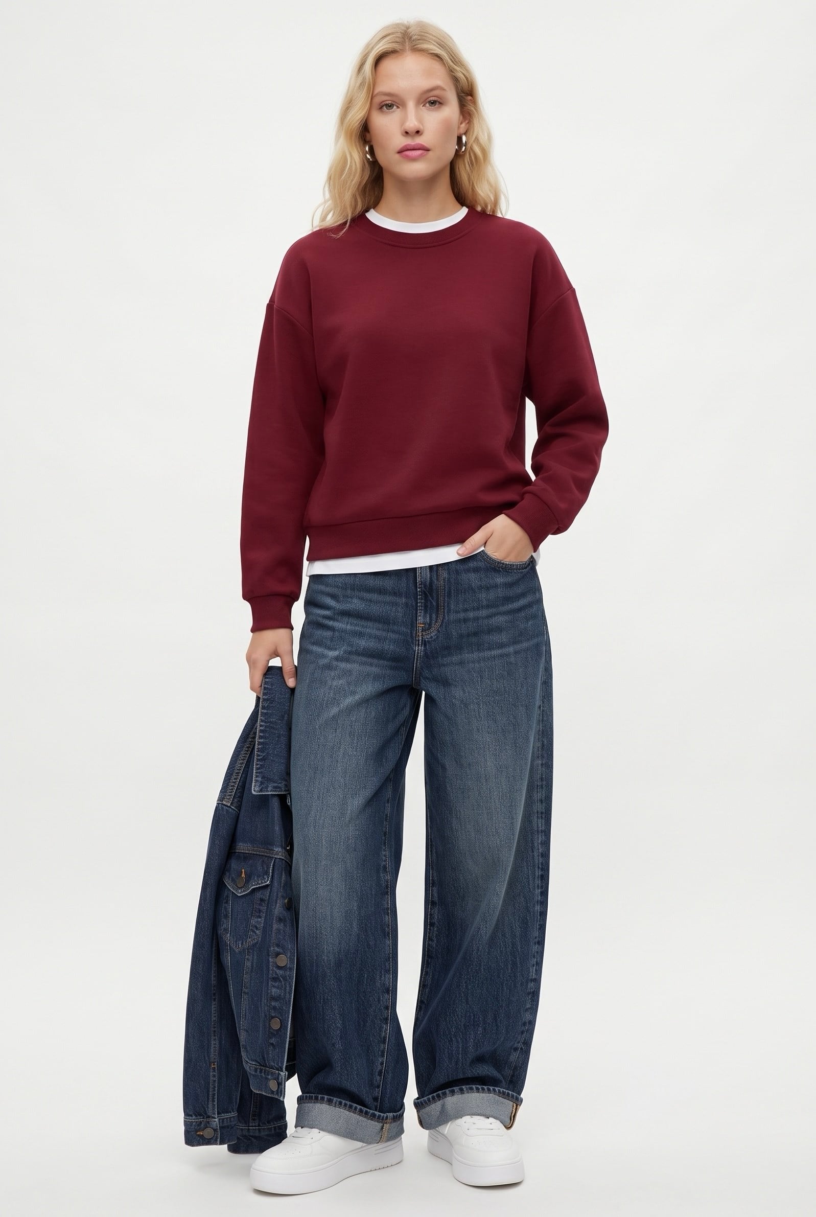 Kadın New Cozy Polarlı Basic Bisiklet Yaka Pamuklu Örme Bordo Sweatshirt