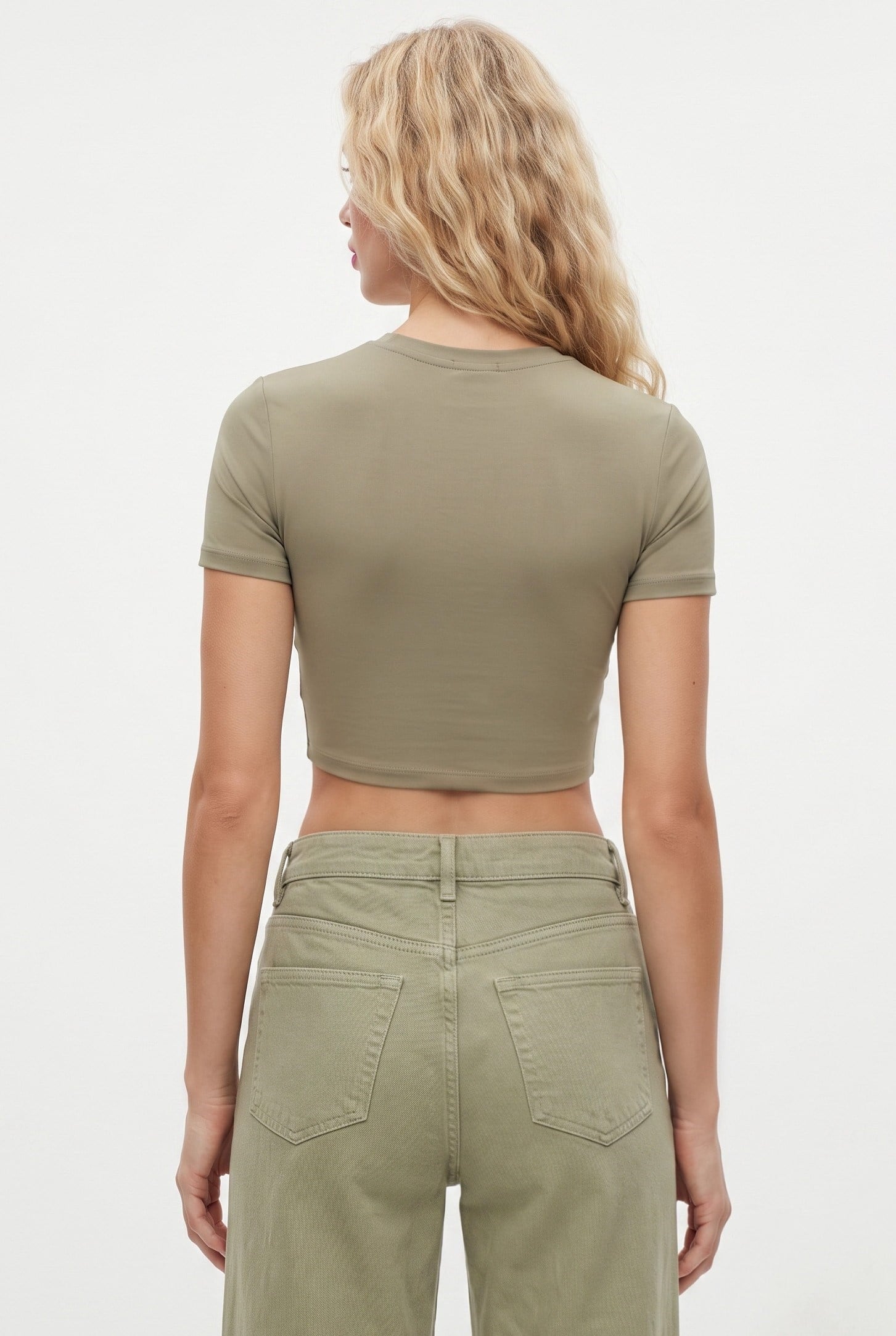 Kadın New Serra %100 Pamuk Haki Crop Top