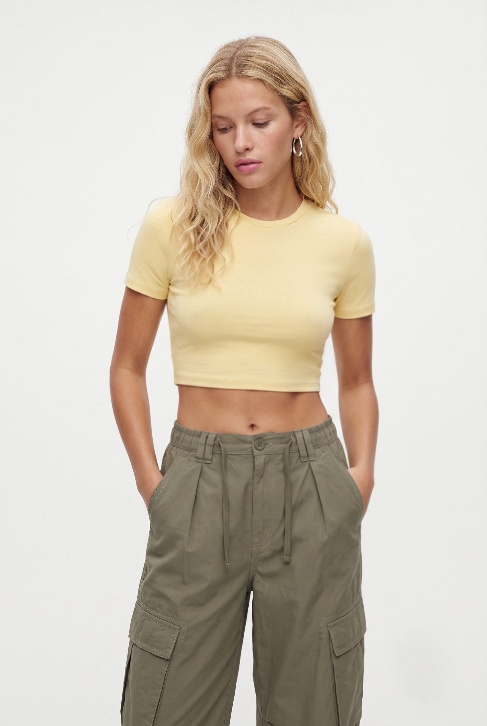 Kadın New Serra %100 Pamuk Tereyağ Sarısı Crop Top