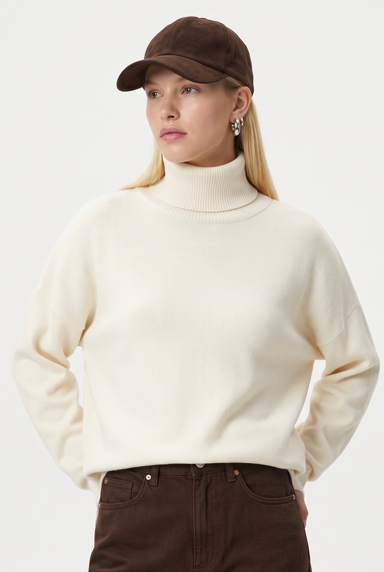 Kadın New Teressa Krem Balıkçı Yaka Oversize Triko Kazak