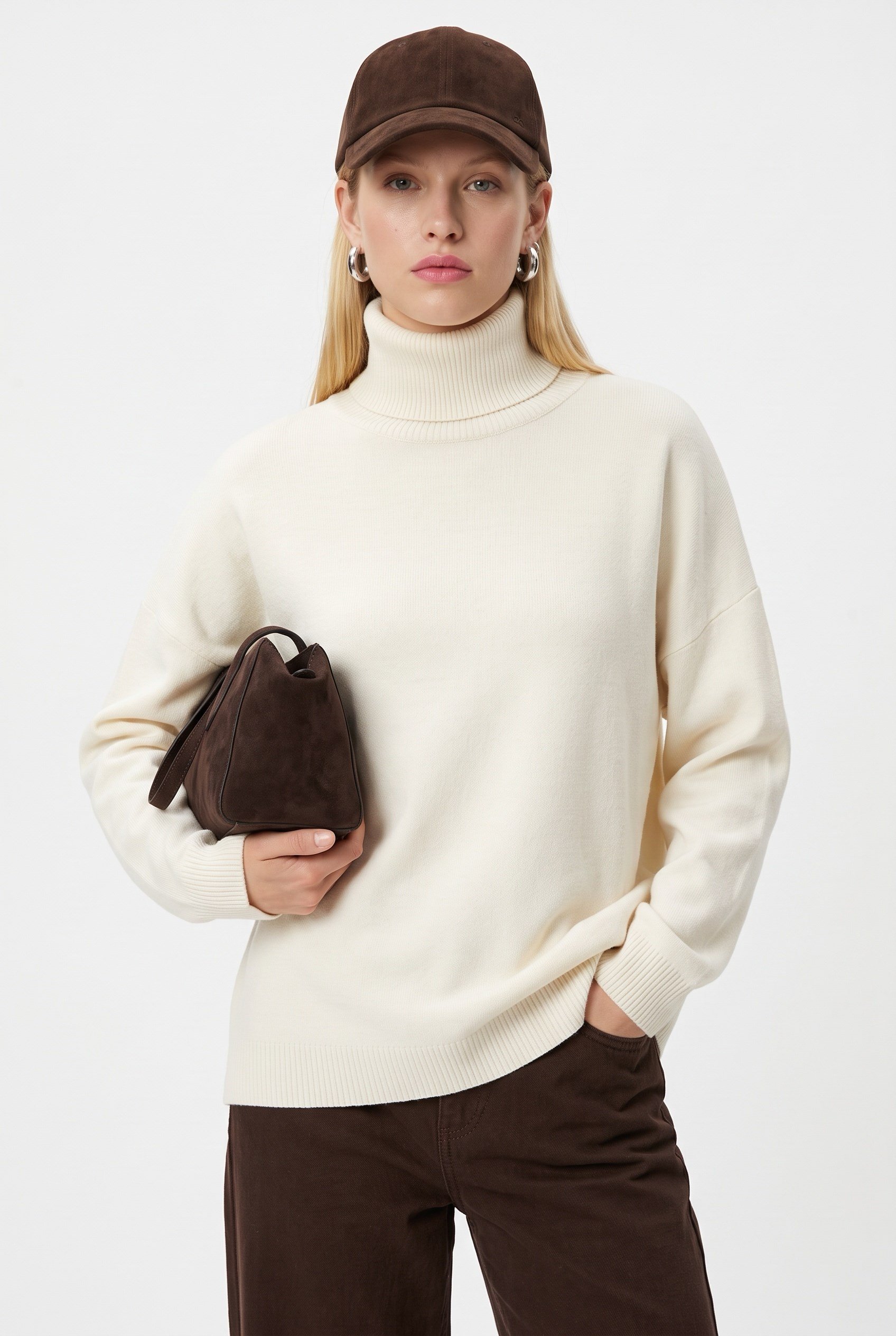 Kadın New Teressa Krem Balıkçı Yaka Oversize Triko Kazak