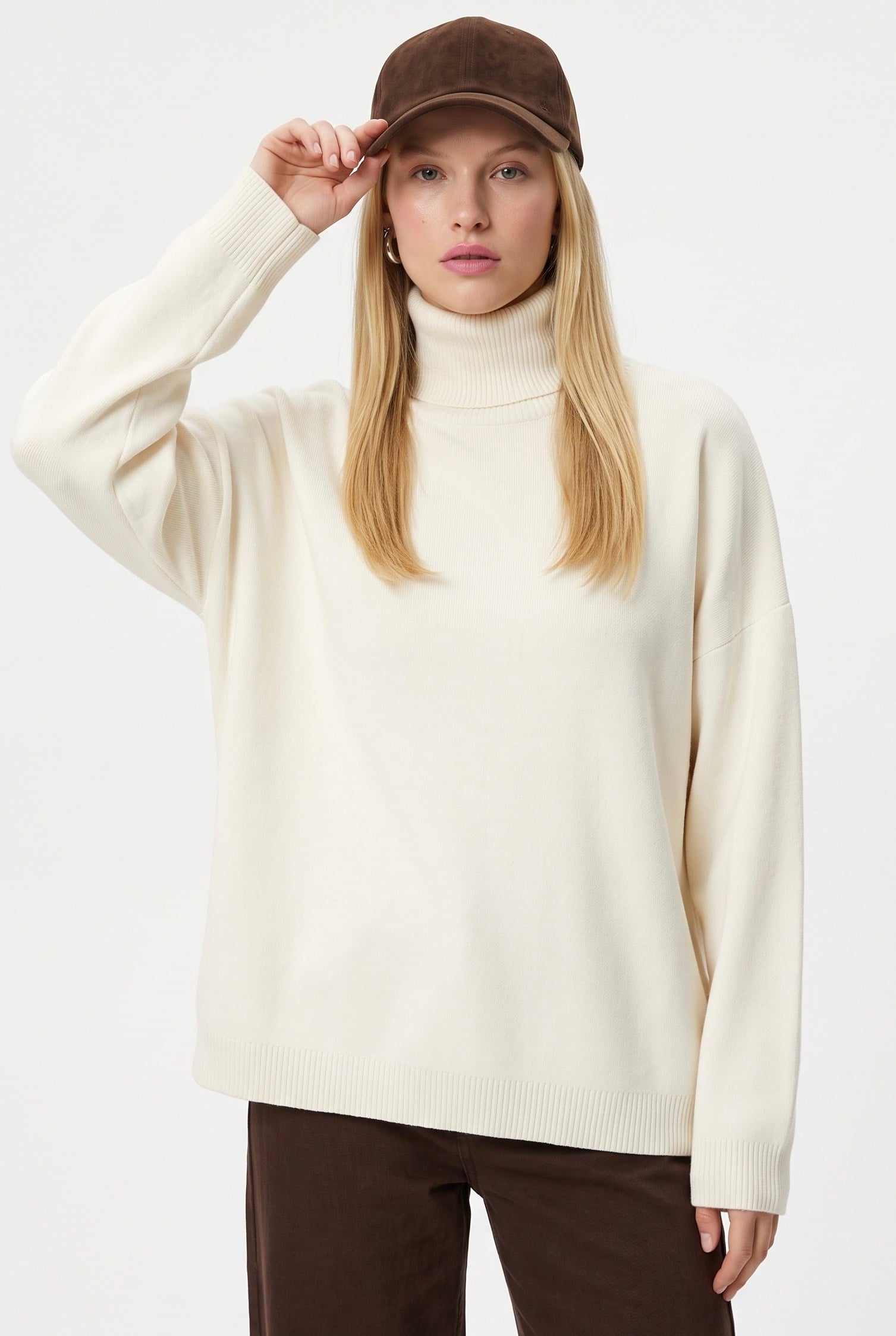 Kadın New Teressa Krem Balıkçı Yaka Oversize Triko Kazak