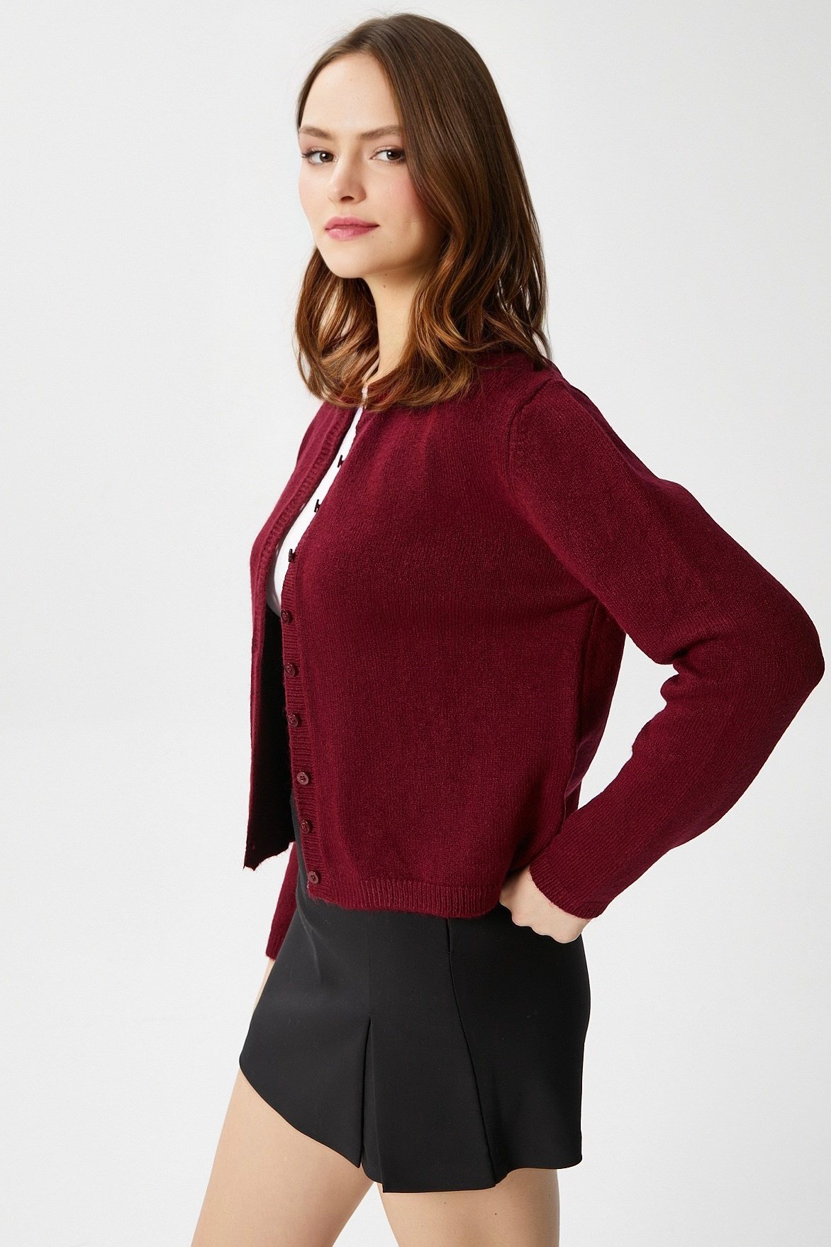 Kadın Nina Bisiklet Yaka Bordo Basic Hırka