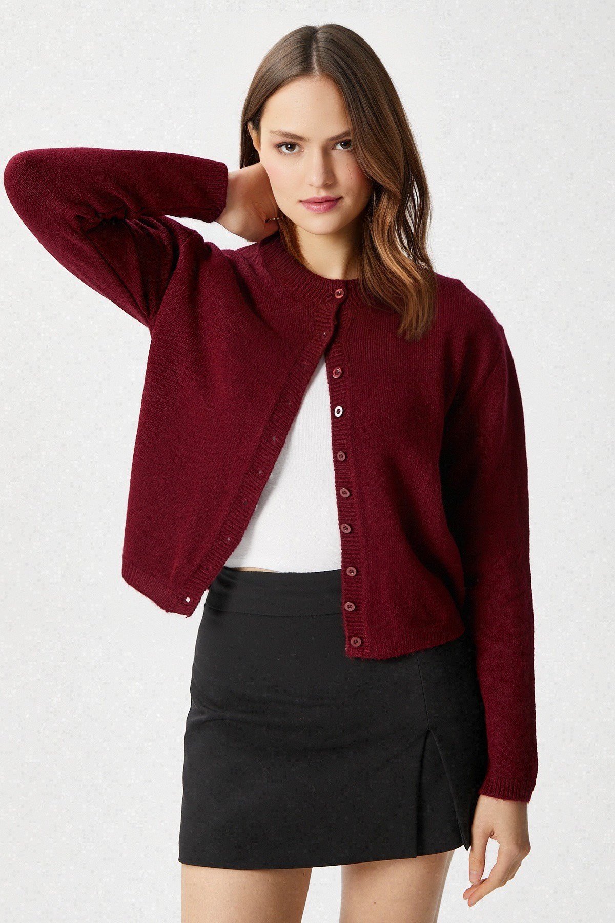 Kadın Nina Bisiklet Yaka Bordo Basic Hırka