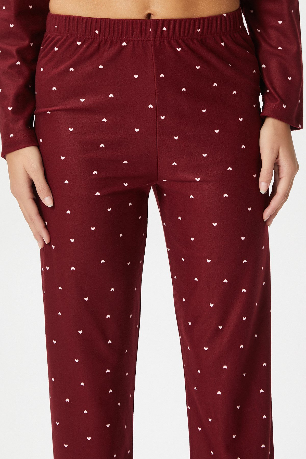 Kadın Nora Premium Bordo Kalp Süet Doku Düğmeli Yılbaşı Pijama Takımı