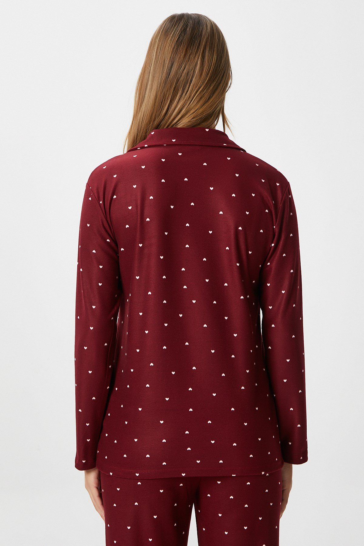 Kadın Nora Premium Bordo Kalp Süet Doku Düğmeli Yılbaşı Pijama Takımı