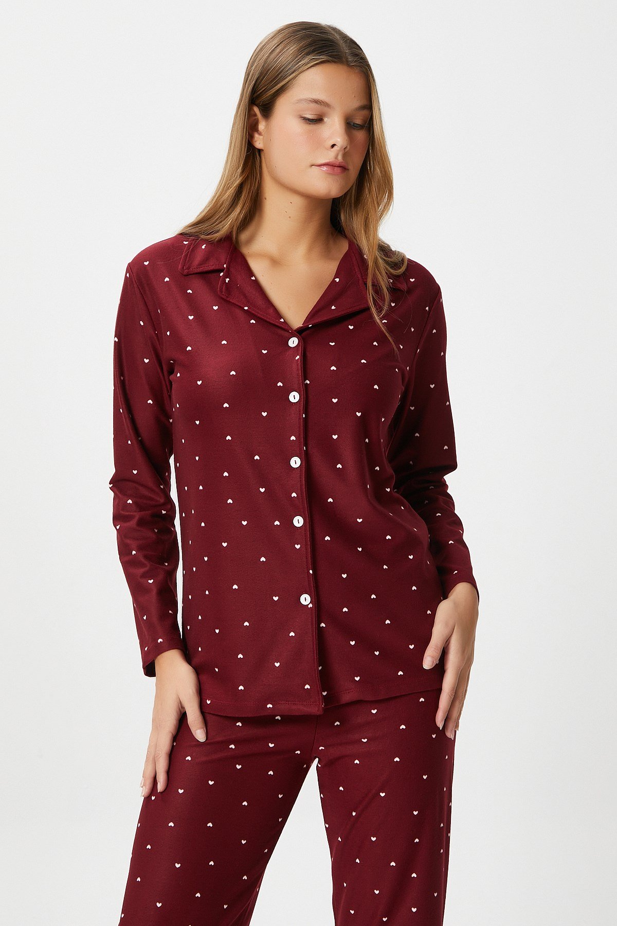 Kadın Nora Premium Bordo Kalp Süet Doku Düğmeli Yılbaşı Pijama Takımı