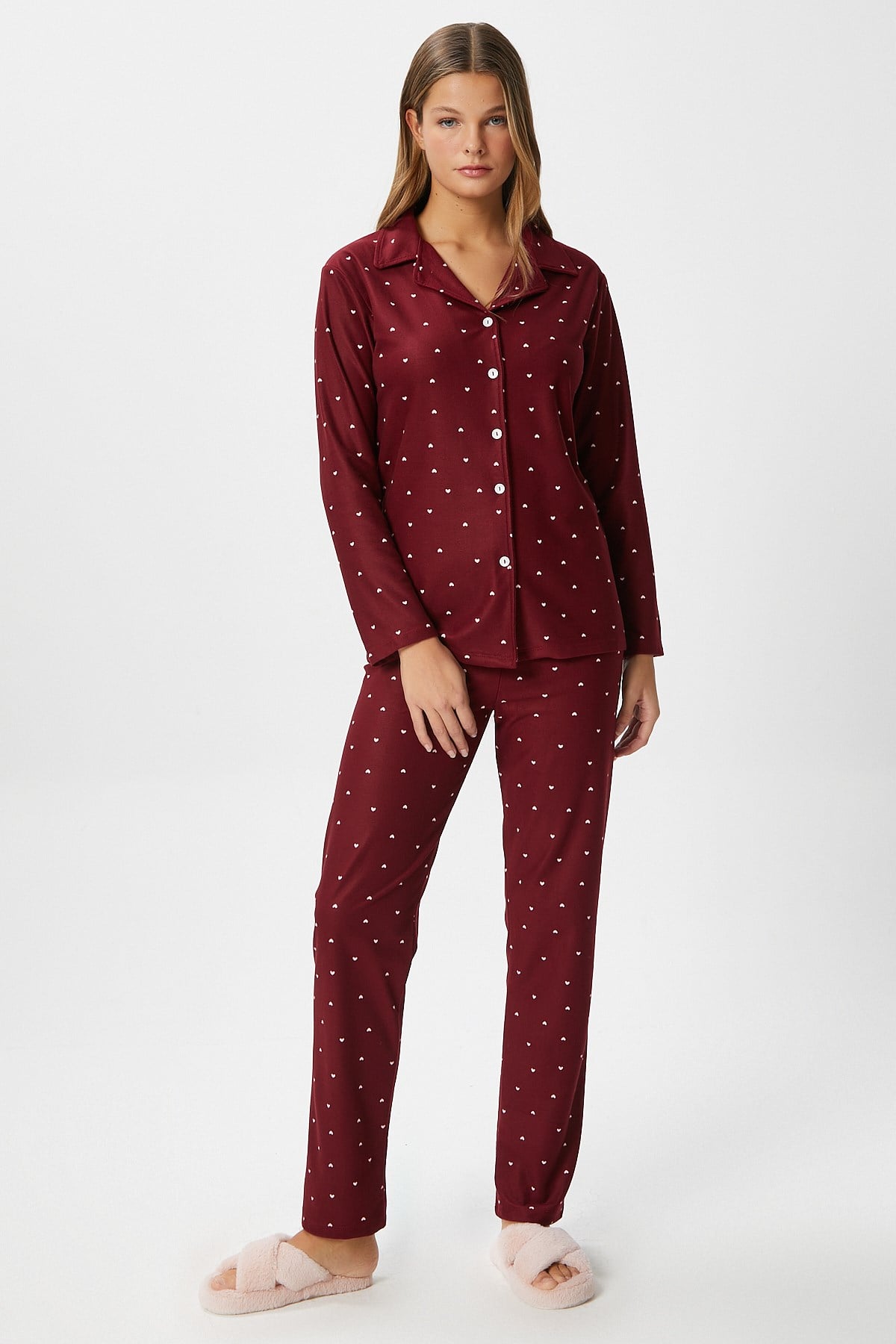 Kadın Nora Premium Bordo Kalp Süet Doku Düğmeli Yılbaşı Pijama Takımı