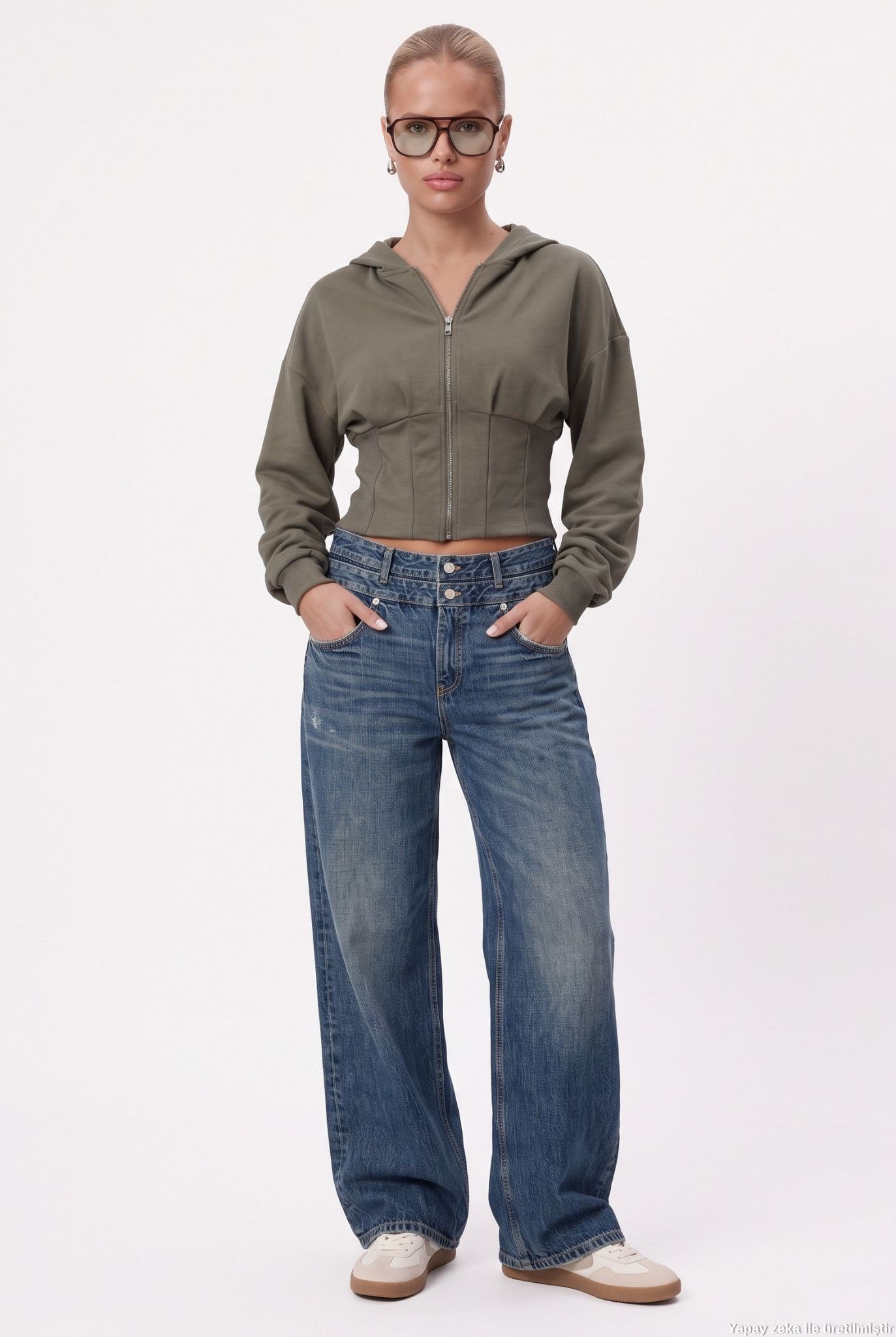Kadın Novis Beli Lastikli Slim Kalıp Haki Kapüşonlu Sweatshirt