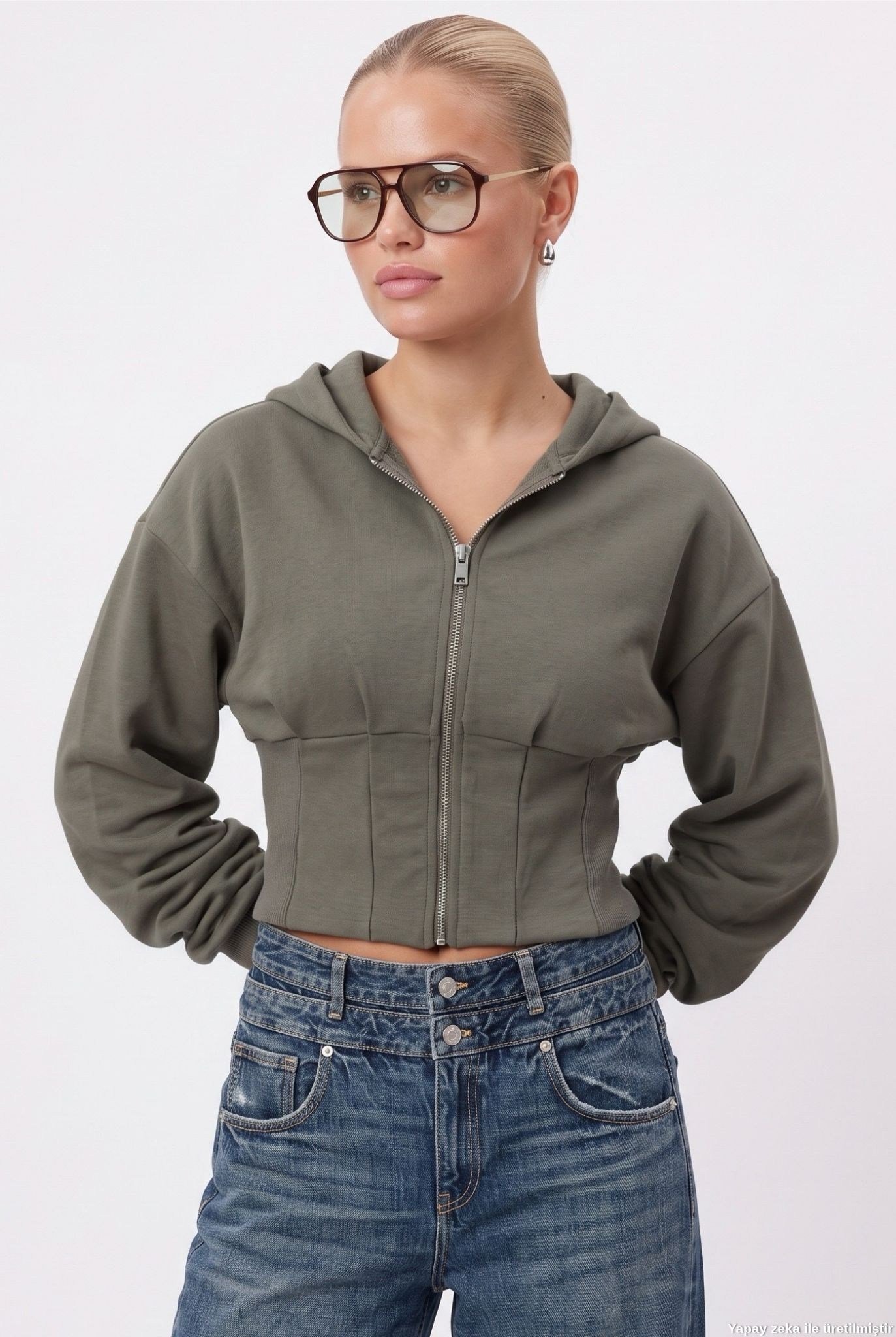 Kadın Novis Beli Lastikli Slim Kalıp Haki Kapüşonlu Sweatshirt