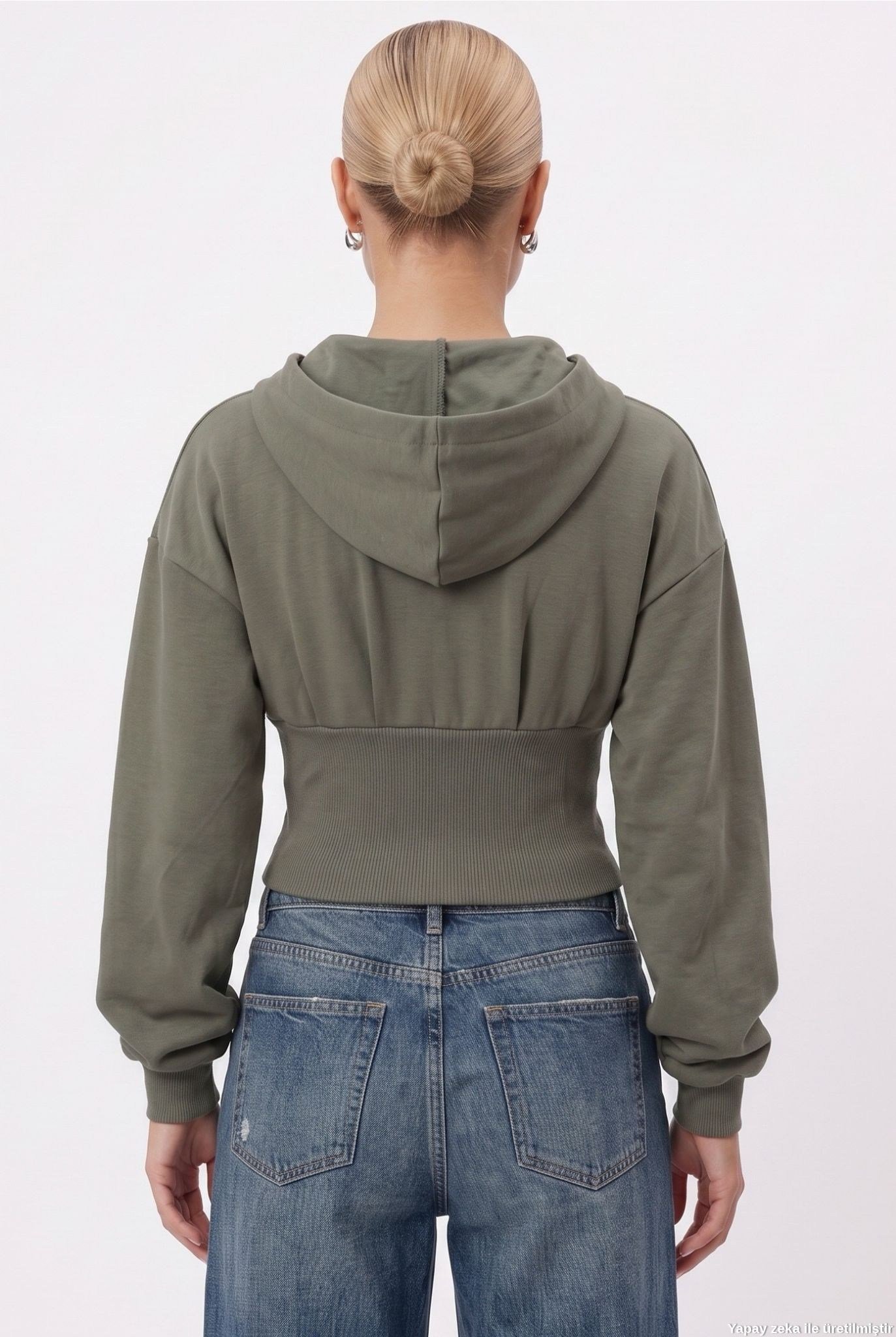 Kadın Novis Beli Lastikli Slim Kalıp Haki Kapüşonlu Sweatshirt
