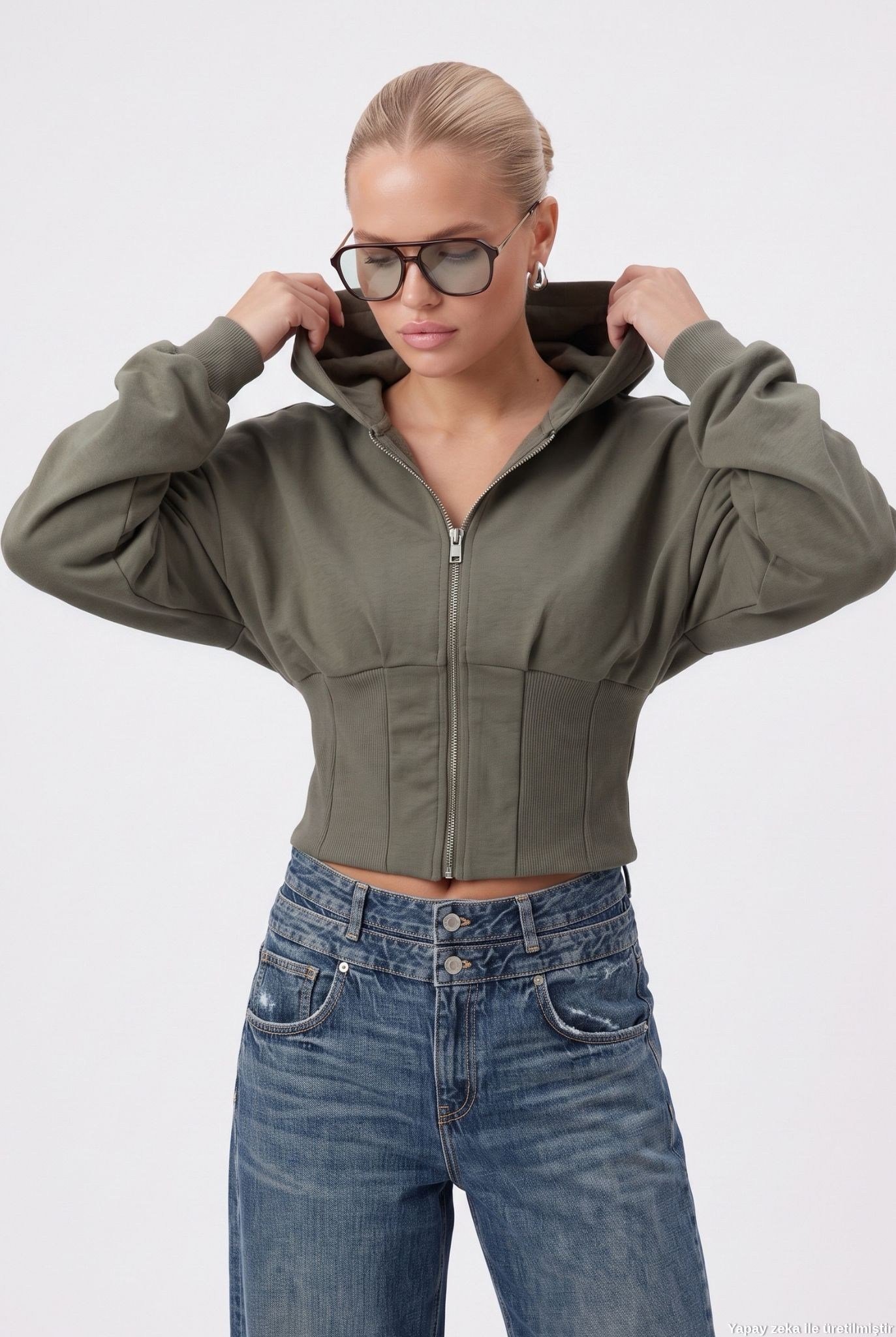 Kadın Novis Beli Lastikli Slim Kalıp Haki Kapüşonlu Sweatshirt