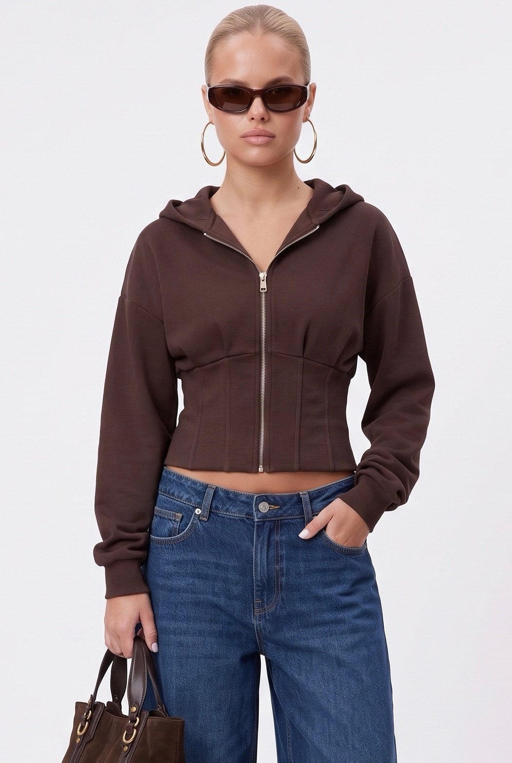 Kadın Novis Beli Lastikli Slim Kalıp Kahverengi Kapüşonlu Sweatshirt