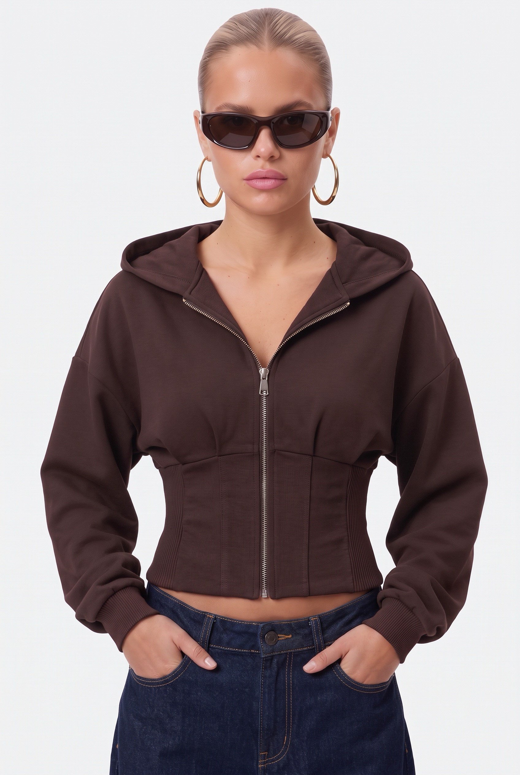 Kadın Novis Beli Lastikli Slim Kalıp Kahverengi Kapüşonlu Sweatshirt