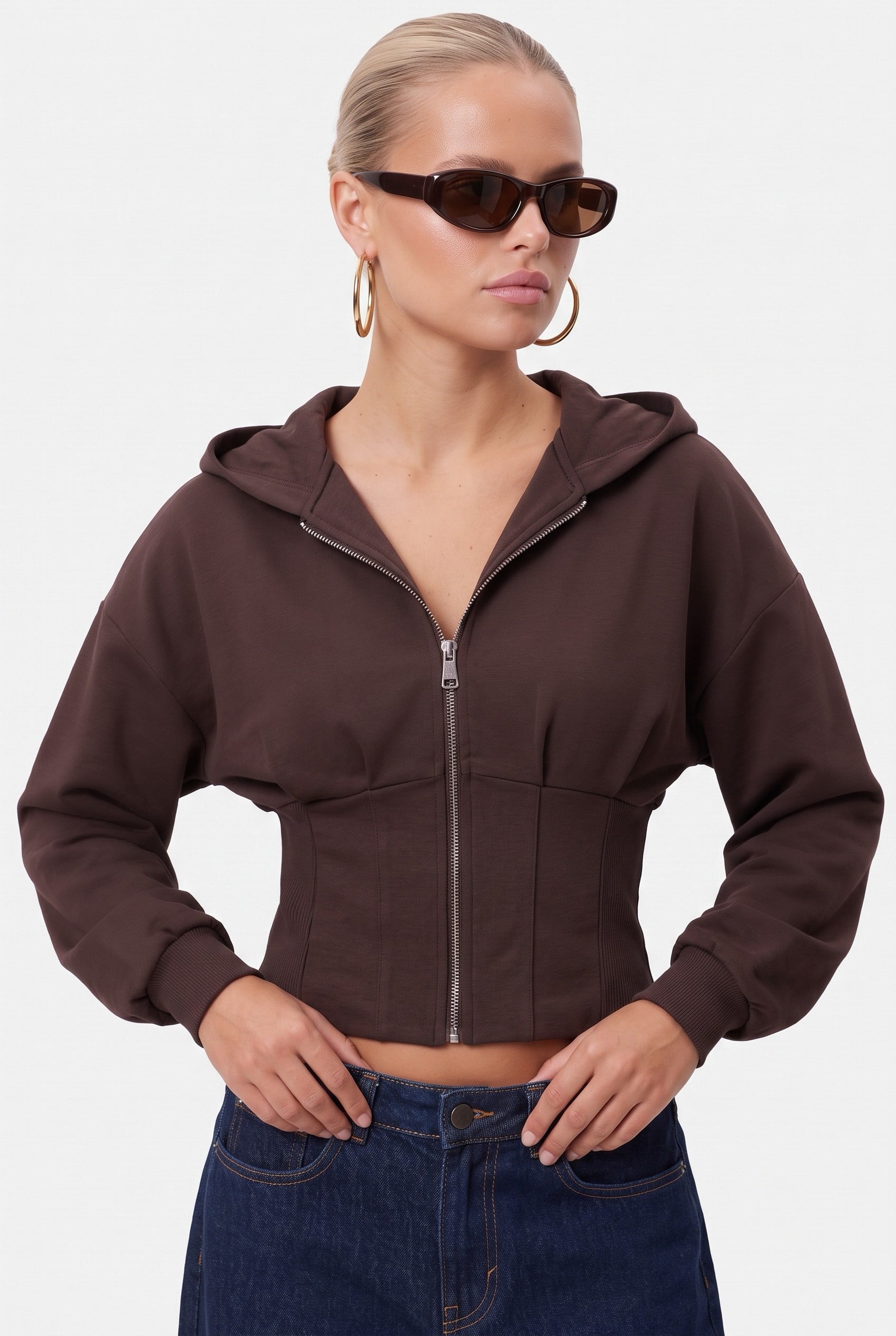 Kadın Novis Beli Lastikli Slim Kalıp Kahverengi Kapüşonlu Sweatshirt